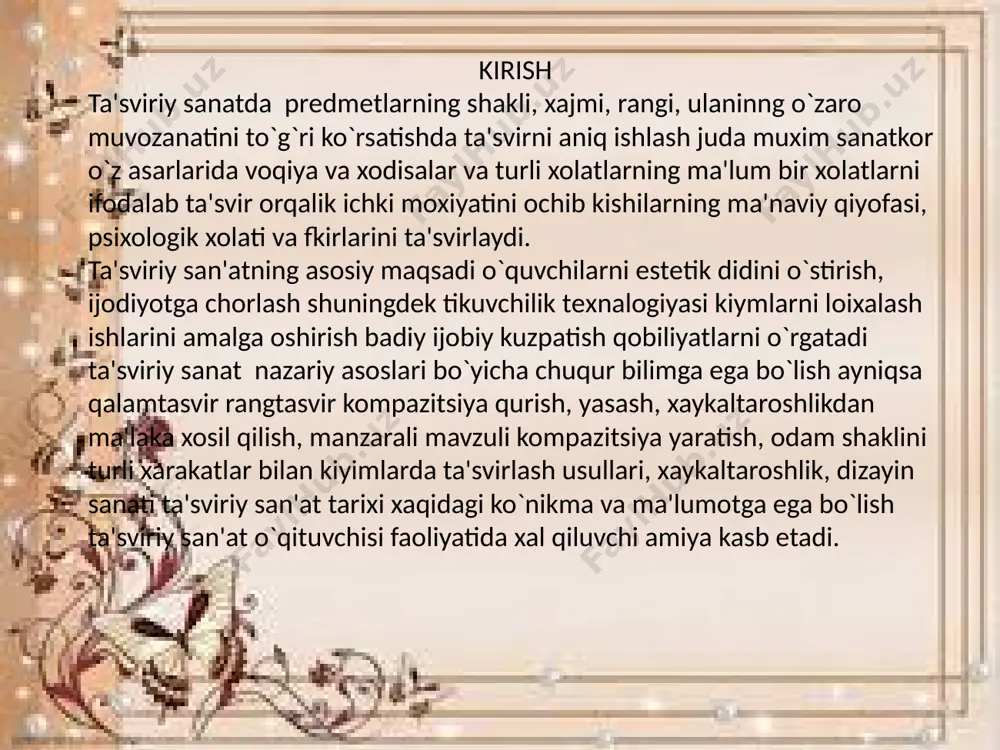 alar tasviridan tashkil topishi xususida ham so'z yuritiladi. o'simliksimon naqshlar barg, daraxt, gul va boshqa narsalar shaklini naqqosh tomonidan soddalashtirilib yoki murakkablashtirilib ma’lum qonuniyatlar (stilizatsiyalash) asosida takrorlanishidan hosil qilinadi.doira shaklidagi naqshlarga urg'u beriladi. doira shaklidagi naqshlardan namunalar ko'rsatiladi. bunda oqituvchi shu viloyatning o'ziga xos so'zana, do'ppi, belbog', gilamlari asosida suhbat uyushtirishi mumkin. o'qituvchi doira naqsh tasvirlangan san’at asarlarining reproduksiyalari slaydlaridan keng foydalanishi tavsiya etiladi. suhbat jarayonida o'quvchilar e'tibori so'zana, gilamlar, ro'mollar, do'ppilarda ishlatiladigan naqsh elementlari, ularning o'ziga xos xususiyatlari, naqsh ustalari va ular haqida ma’lumot berishga qaratiladi. xulosa foydalanilgan adabiyotlar r.hasanov. tasviriy san`at va badiiy mehnat. – t.: 1999. m.nabiyev. rangshunoslik. – t.: 1995. r.hasanov. tasviriy san`at. – t.: 2002. h.egamov. o`zingiz bo`yang va bajaring. – t.: 1996. h.egamov. bo`yoqlar bilan ishlash. – t.: 1997. a.s.o`rolov. mo`jiza yaratish san`ati. – t.: 1996. a.navoiy asarlariga ishlangan rasmlar. b. oripov. tasviriy san`at va uni o`qitish metodikasi. – t.: 2005. image1.jpeg audio1.wav image2.jpeg …