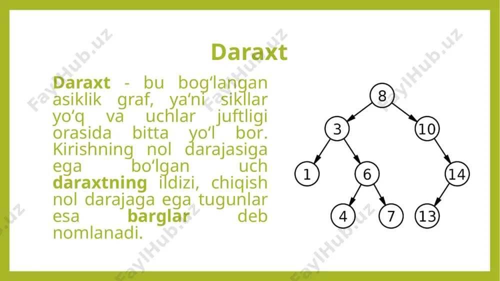 lanish sohalari: ma‘lumotlar iyerarxiyasini boshqarish arifmetik ifodalarni tahlil qilish koʻp bosqichli qaror qabul qilish shakllarida (shaxmat) dasturni optimallashtirish axborot olishni soddalashtirish ma‘lumotlarning saralangan roʻyxatlarini boshqarish binar (ikkilik) daraxtlar ikkilik daraxt - bu har bir tugunda koʻpi bilan ikkita avlod (bola) boʻlgan ma‘lumotlarning iyerarxik tuzilishi. odatda, birinchisi ajdod tuguni, avlodlar esa chap va oʻng merosxoʻrlar deb nomlanadi. kalitlari lotin alifbosi boʻlgan ikkilik qidiruv daraxti, alfavit boʻyicha tartiblangan daraxtlarni mashinada tasvirlash usullari pryufer kodi. pryufer kodi [1, n] kesmadagi n-2 butun sonlar ketma-ketligi yordamida n uchlari bilan belgilangan daraxtlarni birma-bir kodlash usuli. ya‘ni, pryufer kodi - bu toʻliq graf va raqamlar ketma-ketligining barcha daraxtlari orasidagi biyeksiyasidir. pryufer kodi daraxtlarni kodlashning ushbu usuli nemis matematiki xaynts pryufer tomonidan 1918-yilda taklif qilingan. n ta uchlari bilan berilgan daraxt uchun pryufer kodini qurish algoritmini koʻrib chiqaylik. kirishda qirralarning roʻyxati berilgan. eng kichik raqamga ega boʻlgan daraxtning bargi tanlanadi, keyin u daraxtdan olib tashlanadi va bu …