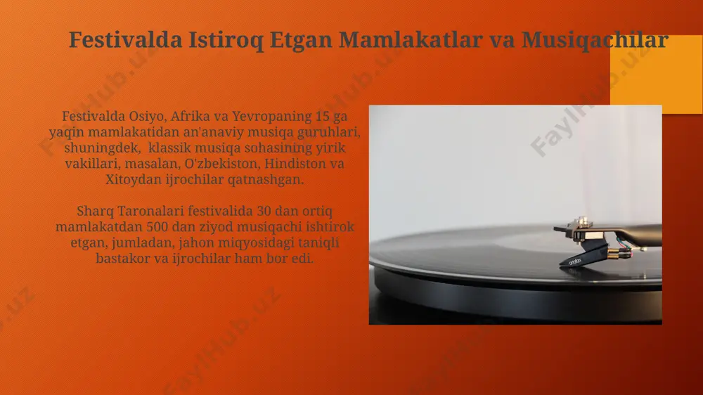 ali namoyon bo‘ladi. sharq taronalari festivali 20 dan ortiq mamlakatdan 100 dan ziyod musiqachilarni birlashtirib, jahon klassik musiqasi bo‘yicha noyob ilmiy-amaliy tajriba almashish maydonini yaratadi. musiqiy asarlarning xilma-xilligi va tanqidiy tahlili toshkentdagi sharq taronalari festivalida ijro etilgan asarlarning 30% dan ortig'i yuneskoning jahon madaniy merosi ro'yxatiga kiritilgan musiqiy an'analarga tegishli. sharq taronalari festivalida 20 dan ortiq mamlakatdan kelgan 100 dan ziyod musiqachining ishtiroki jahon klassik musiqasining xilma-xilligini namoyish etadi. kelajak rejalari va yangi imkoniyatlar festival doirasida 2024-yilda 3 ta yirik xalqaro musiqa ustaxonalari, jumladan, samarqand va buxoroda o‘tkaziladigan mahorat darslari rejalashtirilgan bo‘lib, 50 dan ortiq xorijiy musiqachilarni jalb qilishni ko‘zda tutadi. “kelajak rejalari va yangi imkoniyatlar” bo‘limida onlayn platforma orqali festival dasturlarini global miqyosda 100 mingdan ortiq tomoshabinga yetkazish, shu jumladan, aqsh va yevropa mamlakatlarida tarqatish rejasi muhokama qilinadi. festivalning tarixi va rivojlanishi festival dasturiga jahonning 50 dan ortiq mamlakatidan kelgan 1000 dan ziyod xor va asosiy sozandalar, klassik musiqa …
