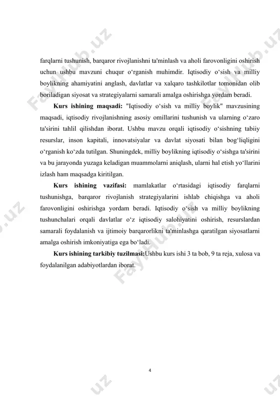avlatlar o‘z iqtisodiy salohiyatini oshirish, resurslardan samarali foydalanish va ijtimoiy barqarorlikni ta'minlashga qaratilgan siyosatlarni amalga oshirish imkoniyatiga ega bo‘ladi. kurs ishining tarkibiy tuzilmasi:ushbu kurs ishi 3 ta bob, 9 ta reja, xulosa va foydalanilgan adabiyotlardan iborat. i.bob. iqtisodiy o‘sishning nazariy asoslari 1.1. iqtisodiy o‘sish tushunchasi va uning o‘lchovlari. iqtisodiy o‘sish - bu mamlakatning iqtisodiy faoliyatining o‘sishi, ya'ni milliy ishlab chiqarishning oshishi va aholi farovonligining yaxshilanishi jarayonidir. iqtisodiy o‘sish ko‘pincha ichki yalpi mahsulot (iyhm) ko‘rsatkichlari orqali o‘lchanadi. iyhm - bu mamlakatda ma'lum bir davr ichida ishlab chiqarilgan barcha tovarlar va xizmatlarning umumiy qiymati. iqtisodiy o‘sishning izchil va barqaror bo‘lishi mamlakatning rivojlanishi va barqarorligining asosiy ko‘rsatkichlaridan biridir.[footnoteref:1] iqtisodiy o‘sish, shuningdek, ish o‘rinlarining ko‘payishi, aholi daromadlarining oshishi va jamiyatda iqtisodiy barqarorlikni ta'minlaydi. [1: abdullayeva, d. (2021). milliy boylik va iqtisodiy o‘sish: muammolar va yechimlar. tashkent: iqtisodiyot va statistika nashriyoti. ] iqtisodiy o‘sish tushunchasi ko‘plab iqtisodchilar tomonidan turli xil nazariyalar va modellar asosida tushuntiriladi. …