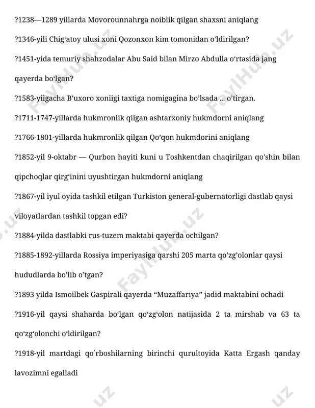 tonning taraqqiyot strategiyasini birinchi yo'nalishi nima deb nomlanadi? ?2022 — 2026 yillarga mo‘ljallangan yangi o‘zbekistonning taraqqiyot strategiyasini uchunchi yo'nalishi nima deb nomlanadi? ?2022 — 2026 yillarga mo‘ljallangan yangi o‘zbekistonning taraqqiyot strategiyasini to’rtinchi yo'nalishi nima deb nomlanadi? ?2022 — 2026 yillarga mo‘ljallangan yangi o‘zbekistonning taraqqiyot strategiyasini etinchi yo'nalishi nima deb nomlanadi? ?23 ta fashistni yer tishlatgan qahramon o`zbek ayol qahramoni kim edi? ?3000 kishini jadidchilikda ayblab nohaq qatl ettirgan buxoro amiri kim edi? ?659-yiida sharqiy turk xoqonligini o‘ziga bo'ysundirgan davlatni aniqlang ?704 yildan xuroson noibi kim bo’lgan? ?720—723-yillarda sug‘diyonada yuz bergan g‘urak (samarqand hukmdori) va devashtich (panjikent hokimi) boshchiligidagi qo‘zg‘olonni bostirgan xuroson noibini aniqlang ?822—828-yillarda hukmronlik qilgan tohiriy hukmdorni aniqlang ?a.dyupperon kim ?abdullaxon ii tomonidan 1584-yilda zabt etilgan hududni aniqlang ?abulxayrxon tuzgan davlat qachon parchalanib ketadi? ?ahamoniy podsho doro i qo’shinlari qaysi xalq qahramonining qurboni bo’ldi? ?ahamoniylar davrida kaspiy bo’yilari va sak qabilalari nechinchi satraplikka kirgan edi? ?ahamoniylar davrida o`rta osiyo …