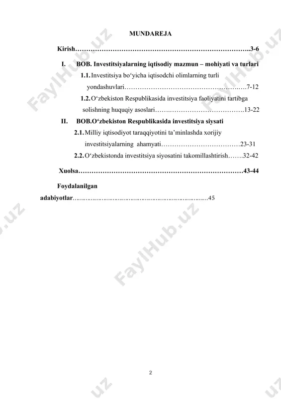 iston temir yoʻllari" va "uzbekiston havo yoʻllari" kompaniyalariga investitsiyalar kiritish bu yoʻnalishlarning eng muhimlari hisoblanadi. 4. turizm va koʻngilochar joylar: turizm sohasiga investitsiyalar kiritish, mamlakatning turizm potentsialini rivojlantirish va dunyo miqyosida turistlar uchun koʻngilochar joylarni yaratish. 5. infrastruktura rivojlantirish: elektr energetika tarmoqlarini, suvosarayish tizimlarini, kommunikatsiya tarmoqlarini, shahar tuzilmasini va boshqa infrastrukturani rivojlantirishga investitsiyalar kiritish. 6. tibbiyot va ta'lim: tibbiyot va ta'lim sohasiga investitsiyalar kiritish, sogʻliqni saqlash tizimini rivojlantirish, ta'lim muassasalari va universitetlarni modernizatsiyalash, xususan, soha mutaxassislarining tayyorlashiga ega boʻlish. bu yoʻnalishlar oʻzbekiston respublikasining iqtisodiy rivojlanishida katta ahamiyatga ega boʻlib, hukumat investitsiyalarni qoʻllash va rivojlanishni ragʻbatlantirish uchun katta e'tibor beradi. kurs ishining maqsadi va vazifalari. oʻzbekiston respublikasining investitsiya siyosati, mamlakatning iqtisodiy rivojlanishini ta'minlash, investitsiya va innovatsiyalar oqimini rivojlantirish, va inqilobiy islohotlarni taqsimlash maqsadida belgilanadi. investitsiya siyosati asosan quyidagi yoʻnalishlarda mazkur vazifalarni amalga oshiradi: 1. investitsiya muhitini yaxshilash: investitsiya siyosati tashqi va ichki investitsiyalarni jalb qilish uchun iqtisodiy va qonuniy muhitni yaxshilashni …