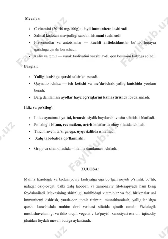 jratib turadi. fiziologik moslashuvchanligi va ildiz orqali vegetativ ko‘payish xususiyati esa uni iqtisodiy jihatdan foydali mevali butaga aylantiradi. foydalanilgan adabiyotlar 1. ahmedov m., qurbonov n. – o‘simliklar fiziologiyasi, toshkent: o‘zbekiston milliy ensiklopediyasi, 2015. 2.rajabov a., karimov a. – dorivor o‘simliklar va ularning farmakologik xususiyatlari, toshkent, 2019. 3.jalilov q.x. – botanika: morfologiya, anatomiyasi va fiziologiyasi, toshkent: fan, 2021. 4.mamatqulov a. – fitoterapiya asoslari, andijon: davlat tibbiyot nashriyoti, 2018. 5.ganiev i.g. – o‘simliklar biokimyosi, samarqand: samdu nashriyoti, 2016. /docprops/thumbnail.emf mavzu: malina kalit so`zlari: rubus idaeus, rosaceae, dorivor o‘simlik, fiziologiyasi, fotosintez, salitsil kislotasi, c vitamini, flavonoidlar, antioksidant. anotatsiya malina (rubus idaeus l.) – rosaceae (butazorlar) oilasiga mansub, ko‘p yillik mevali buta hisoblanadi. u asosan o‘rmonli hududlarda, tog‘ yonbag‘irlarida, nam tuproqli joylarda o‘sadi. o‘zbekiston, rossiya, yevropa mamlakatlari va osiyoning mo‘tadil iqlimli hududlarida keng tarqalgan. o‘simlikning tashqi tuzilishi oddiy: barglari ko‘p bo‘lakli, qirralari tishli, poyasi mayda tikanli, mevalari murakkab donador tuzilmaga ega. malinaning asosiy biologik …