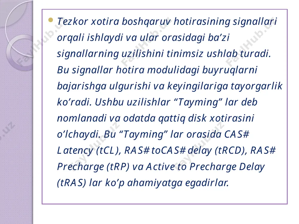 atadi. bu chastota ko’p hollarda spd dagi ma’lumotlar bilan uyg’unlikda avtomatik yuboriladi. chastota qo’lda sozlanadi, xotirani kamaytirishga undaydi, ammo hamma modul ham ishlayvermaydi. ular quyidagicha bo’lishi mumkin: auto – tezkor xotiraning chastotalari spd dagi ma’lumotlar bilan avtomatik ravishda o’rnatiladi; 100, 120, 133 (рс100, рс133) – sdram xotirasining ko’rinishi; 200, 266, 333, 400, 533 (ddr266, ddr333, ddr400,ddr533) – ddr xotirasing ko’rinishi; ddr2-400, ddr2-566, ddr2-667, ddr2-800,ddr2-889, ddr2-1067 – ddr2 xotirasing ko’rinishi; ddr3-800, ddr3-1066, ddr2-1333, ddr2-1600 – ddr3 xotirasing ko’rinishi. ba’zi bir platalarida bu parametr faqat o’qish uchun mo’ljallangan bo’lib, chastota xotirasini o’zgartirish uchun esa system memory multiplier ning parametrlaridan foydalanish kerak. system memory multiplier (fsb/memory ratio) fsb (bclk) chastotasi va xotira chastotasi o’rtasidagi munosabatni aniqlaydi. ular quyidagicha bo’lishi mumkin: auto – fsb (bclk) chastotasi va xotira chastotasi o’rtasidagi munosabat spd dagi ma'lumotlar bilan avtomatik tarzda sozlanadi; to’g’irlash ( masalan 1:1, 1:2, 3:2, 5:4 ) yoki ko’payishi (2, 2,5, 2,66, 3,00, 3,33, 4,00 …