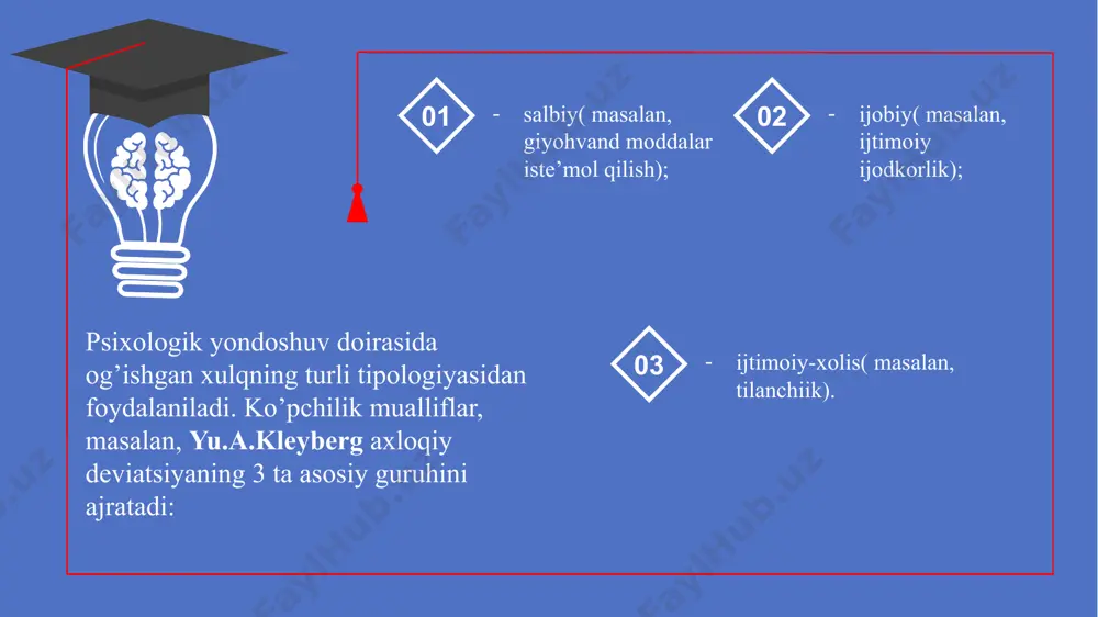 ’ishgan xulq deb tan olinishi mumkin emas. destruktiv axloqning barcha ko’rinishlarida insonning ma’lum bir himoya reaksiyalari sifatida yuzaga kelsada biroq nerv sistemasida buzilishlar bilan bog’liq bo’lishi mumkin. destruktiv xulq bolalikdagi salbiy emotsional kechinmalar, ota-onaning bolaga nisbatan emotsional sovuqqonligi natijasida zarur vaqtlardan ulardan yetarli darajada mehr-muhabbatga ega bo’lmaganligi, nasliy omillar bo’lishi ham mumkin. 3 tashqi destruktiv axloq, o’z navbatida, addiktiv va antiijtimoiyga bo’linadi. addiktiv axloq reallikdan ketish va istalgan his-tuyg’uni olish maqsadida maxsus faollik yoki qandaydir moddalardan foydalanishni ko’zda tutadi. antiijtimoiy axloq mavjud qonun va boshqa odamlar hukuqlarini qonunga qarshi, asosial, axloqsiz-beadab axloqlar shaklida buzuvchi harakatlardan iborat. 01 ichki destruktiv axloq guruhida s.p.korolenko va t.a.donskix quyidagilarni ajratadilar: suitsid, konformistik, narsissik, fanatik va autik axloq. suitsid axloq o’z-o’zini o’ldirishning yuqori xavfi bilan xarakterlanadi. konformistik-individuallikka muhtoj, faqat tashki avtoritetga yo’naltirilgan axloqdir. narsisik - shaxsiy buyukligi tuyg’usi bilan boshqariladi. fanatik - qandaydir g’oya, nuqtai nazarga ko’r-ko’rona berilgan holatda yuzaga chiqadi. autistik-odamlar va atrof-dagi harakatlardan …