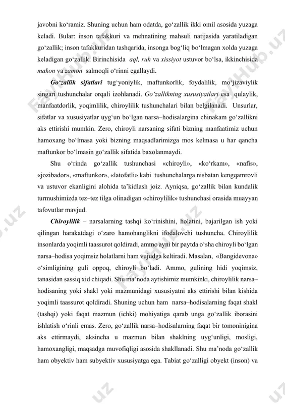 kengaydi. endilikda bunyodkorlik g‘oyasi gо‘zallik tushunchasi bilan hamoxang olib borilganligini bilish, anglash va tasavvur qilish qiyin emas. buni о‘zbek san’atida amalga oshirilgan ishlar orqali yaqqol kо‘rishimiz mumkin. yetuk rassomlar hayotning barcha hodisalarini rangtasvir orqali kо‘radi, ularga ijod manbai sifatida qaraydi, san’atning hamma uchun zarur ekanligiga qatiy ishonadi. shu bois ularning asarlaridagi gо‘zallik ruxi insonlarni rangtasvirni sevishga da’vat etadi, tasviriy san’atni xis qilish va uni idrok etishga chaqiradi. bunday xususiyatlar о‘rol tansiqboyev, chingiz ahmarov, bahodir jalolov, javlon umarbekov, alisher mirzayev, dilyor imomov kabi atoqli rassomlar hamda akmal nuriddinov, sergey alibekov, ortiqali qozoqov singari musavvirlarning realistik yо‘nalishdagi asarlarida о‘z aksini topgan. ularning asarlarida gо‘zallik nafaqat rassomning shaxsiy ideali, balki о‘zida xalq hayotining muhim bо‘lagini mujassam etganligi, insonlarning tafakkuri va qalbiga ta’sir kо‘rsatishi bilan belgilanadi. gо‘zallikni yaratishda rassomning zimmasiga yuklanadigan mas’uliyat yuksakligi va muqaddasligi ham ana shunda. bu xususda nafosatshunos olim tilab mahmudov shunday deydi: «qachonki san’at asarlari muhim hayotiy muammolarni aks ettirsa …