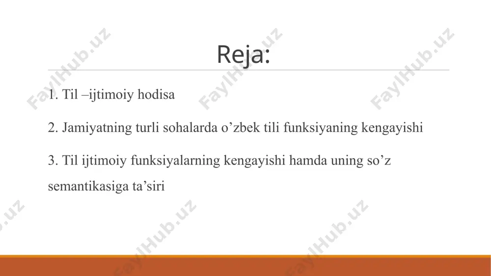 ili asosiy ta’lim tili sifatida faoliyat yuritmoqda. oliy ta’lim muassasalarida o‘zbek tilida olib boriladigan darslar soni tobora ortib bormoqda. ilmiy maqolalar, monografiyalar, darsliklar o‘zbek tilida yaratilmoqda, xalqaro ilmiy bazalarda o‘zbek tilidagi maqolalarni joylashtirish bo‘yicha ham ishlar amalga oshirilmoqda. madaniyat va ommaviy axborot vositalarida o‘zbek tilining mavqei tobora mustahkamlanmoqda. bugungi kunda yuzlab telekanallar, radiostansiyalar, internet nashrlari va ijtimoiy tarmoqlarda faoliyat yuritayotgan sahifalar o‘zbek tilida ommaga murojaat qilmoqda. shuningdek, xalqaro maydonda ham o‘zbek tili obro‘sini oshirishga qaratilgan ishlar olib borilmoqda. masalan, 2020-yildan boshlab birlashgan millatlar tashkilotida o‘zbek tilida nutq so‘zlash, xalqaro konferensiyalarda tarjima xizmatlari joriy qilinishi – tilning xalqaro miqyosdagi mavqeining oshib borayotganidan dalolat beradi. 3. til ijtimoiy funksiyalarning kengayishi hamda uning so‘z semantikasiga ta’siri jamiyat hayoti qanchalik murakkablashsa, til ham shunchalik boyib boradi. har bir yangi ijtimoiy munosabat yoki texnologik yangilik tilda o‘z aksini topadi. bu jarayon ikki yo‘l bilan kechadi: yangi so‘zlarning yaratilishi va mavjud so‘zlarning ma’nosining kengayishi. masalan, “dastur” …