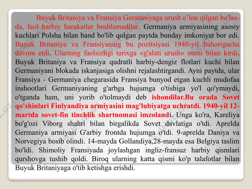 hda tub burilish uchun asos hozirlana bordi. 1943-yilda stalingrad va kurskdagi g'alabalar tufayli germaniya sssr hududidan surib chiqariladi. 1944-yili uzoq kutilgan ikkinchi front ochildi. 6-iyunda general duayt eyzenxauer boshchiligidagi ingliz-amerika birlashgan kuchlari fransiya shimolidagi normandiya sohillariga tushadi. 1945-yil 8-may kuni karlxostda germaniya taslim boʻlganligi haqida hujjat imzolandi.1945-yil3-sentabrda yaponiya soʻzsiz taslim boʻladi va urush nihoyasiga yetdi. ikkinchi jahon urushidan so'ng dunyo siyosatida jiddiy o'zgarishlar bo'ldi. bmtning roli ancha kuchaydi. fashist jinoyatchilar boshliqlari jazolandi. 1945-yil 20-noyabrdan 1946-yil 1-sentyabrgacha xalqaro tribunal fashist jinoyatchilami sud qildi. 12 kishi o'lim jazosiga hukm qilindi. 7 kishi uzoq muddatli va umrbod qamoq jazosiga hukm qilindi. bu urush aybdorlarining tarixda birinchi marta xalqaro miqyosda jazolanishi edi. urushdan so'ng qurollanish poygasi avj oldirildi. aqshda atom bombasi yaratilgandan keyin, sssr ham 1949-yili atom bombasini yaratdi va uni sinovdan o'tkazdi. aqsh 1952-yili yanada dahshatliroq ommaviy qirg'in quroli - vodorod bombasini yaratdi. uning qudrati 10 mln tonnatrotilga teng edi. sssr esa bir …