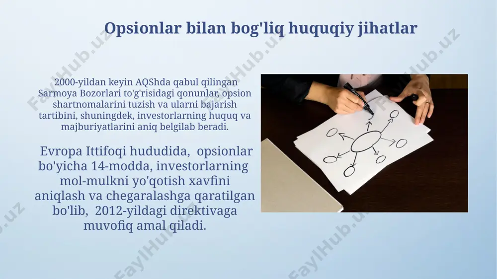 vlarga (masalan, vix indeksi 25 dan yuqori bo'lgan hollarda) opsion savdosi qilish katta xavflar bilan bog'liq, ayniqsa, investor tajribasi kam bo'lsa, moskva fond birjasi misolida ko'rsatilganidek. opsion shartnomalarining muddati tugash xavfi mavjud bo'lib, agar opsion egasi uni amalga oshirishdan oldin narxlar keskin o'zgarsa, 1000 aqsh dollari miqdorida yo'qotishga olib kelishi mumkin. opsion shartnomalarining tarkibiy qismlari shartnomada belgilangan muddat 30 kunga teng, aktiv sifatida 5000 dona "uzauto motors" aksiyasi ko'rsatilgan va bajarilish narxi har bir aksiya uchun 20 aqsh dollarini tashkil etadi. opsion shartnomasi 1000 aqsh dollari miqdoridagi aktivni 1 oy ichida 1100 aqsh dollariga sotib olish huquqini beradi va bitim toshkent fond birjasida amalga oshiriladi. opsion strategiyasi 2023-yilda aqshda amalga oshirilgan tadqiqotlar shuni ko'rsatdiki, "covered call" strategiyasi 1000 ta portfelning 70 foizida foydali bo'lgan. evropa ittifoqida 2022 yilda amalga oshirilgan savdolarda, "protective put" strategiyasi yordamida 500 ta investorning 85% zararni kamaytirishga muvaffaq bo'lgan. e'tiboringiz uchun rahmat @taqdimot_robot image4.png image5.jpg image6.jpg …