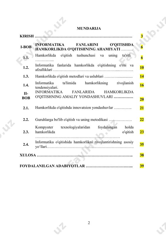 rivojlantiradi bu esa nafaqat ta’lim jarayonining sifatini oshiradi balki o‘quvchilarning mustaqil fikrlashi va o‘z imkoniyatlariga bo‘lgan ishonchini mustahkamlaydi. informatika fanlarini o‘qitishda hamkorlikda o‘qitishning ahamiyati beqiyosdir sababi informatika bu nafaqat bilim balki jamoaviy ish va kommunikatsiya talab qiladigan yo‘nalishdir zamonaviy axborot texnologiyalarining rivojlanishi bilan jamoa bo‘lib ishlashga ehtiyoj yanada ortib bormoqda shuning uchun o‘quvchilarning dasturiy ta’minot yaratish muammolarni algoritmik hal etish va turli loyihalar ustida birgalikda ishlash qobiliyatini rivojlantirish zarur informatika fanlarida hamkorlikda o‘qitish texnologiyalarini qo‘llash o‘quvchilarda innovatsion fikrlashni shakllantiradi va ularni bo‘lajak kasbiy faoliyatga tayyorlaydi. hamkorlikda o‘qitish metodlari o‘qituvchilarning ham malakasini oshirishda yordam beradi bu yondoshuv orqali pedagoglar o‘quv jarayonini o‘quvchilarning qiziqishlariga moslashtirish o‘quvchilarning individual ehtiyojlarini hisobga olish va ta’lim samaradorligini oshirish imkoniyatiga ega bo‘ladilar bunda guruhdagi har bir ishtirokchining fikri va ishi muhim sanaladi o‘quvchilar birgalikda ishlash orqali o‘z bilimlarini mustahkamlash bilan birga boshqalar bilan o‘zaro muloqotni kuchaytiradi va tajriba almashadi. informatika fanlari o‘quvchilarda muammolarni amaliy hal etish qobiliyatini …