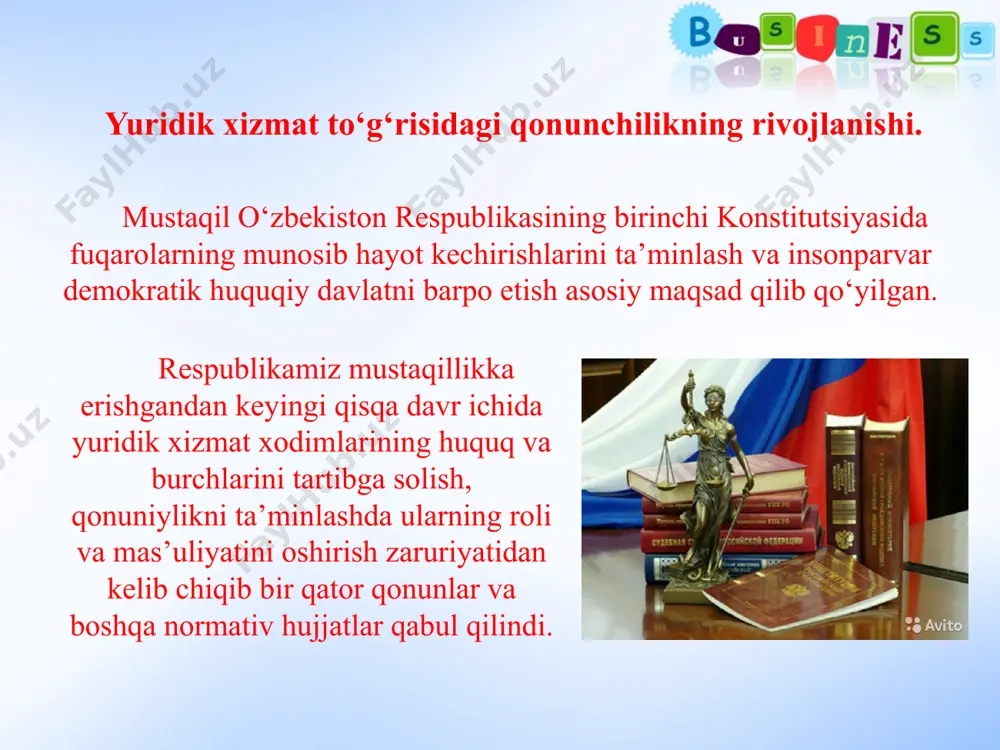 hiqish va amalga oshirish uchun boshqa bo‘linmalar va xizmatlarning xodimlarini jalb etish; d) davlat boshqaruv organi, korxona rahbariyati tomonidan chaqiriladigan hay’at majlislarida, tegishli kengashlarda ishtirok etish. yuridik xizmat xodimlari o‘zbekiston respublikasi mehnat qonunchiligiga muvofiq ushbu nizomda ko‘zda tutilgan vazifalarni bajarmaganliklari uchun intizomiy va moddiy javobgardirlar. o‘zbekiston respublikasi adliya vazirligi organlari davlat boshqaruv organlari, korxonalarning yuridik xizmat xodimlarini o‘tkaziladigan tekshirishlar natijalari bo‘yicha ular o‘z xizmat vazifalarini bajarmaganliklari uchun intizomiy javobgarlikka tortish haqida taqdimnoma kiritishga haqlidirlar. yuridik xizmat faoliyatining asosiy yo‘nalishlari. tadbirkorlik faoliyati sohasida yuridik xizmat tomonidan amalga oshiriladigan xuquqiy ishlar ko‘p qirrali va keng qamrovlidir. ularning barchasini to‘liq yoritishni imkoniyati yo‘qligini hisobga olib, korxonalar yuridik xizmatining faqat quyidagi asosiy yo‘nalishlaridagi faoliyatini bayon qilishni maqsadga muvofiq deb hisoblaymiz. yuridik xizmatning tashkiliy funksiyasi – uning qonunchilikni ta’minlash bo‘yicha tashkiliy ishlari, shuningdek huquqiy ishlar darajasini yanada rivojlantirishga qaratilgan tadbirlarni ishlab chiqishda o‘z ifodasini topadi. yuridik xizmat to‘g‘risidagi qonunchilikning rivojlanishi uning qonunchilikni ta’minlashga qaratilgan faoliyatida …