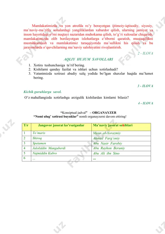 xotirlab yurgandan borida qadriga yetgan ming karra afzal. shuning uchun zimdan bir biriga ziddek tuyulayotgan xotira va qadrlash tushunchalari mohiyatan bir-biriga uzviy bog‘liq ham. inson yaralganidan buyon o‘tib ketganidan keyin ham bu dunyoda yashab qolishni istaydi. jismonan buning sira iloji yo‘q. xotira esa – odamlarning vafotidan keyin ham bu dunyoda yashashi uchun imkon beradigan birdan – bir imkon. odamlar – ortda qolganlar xotirasida yashashga intilish ilinji kishini tarbiyalaydi. uni ezguliklarga, bandalarning biror koriga yarab qolishga, umrni zoe ketkazmaslikka undaydi. bir o‘ylab ko‘ring-a! biz yurgan yo‘llardan avvallar kimlar yurgan, yonginamizda sharqirab oqayotgan zilol suvlardan, azim chinorlarning soyalaridan o‘tmishda kimlar bahra olishgan ekan? bizning oyoqlarimiz ostidagi zamin kimlarni bag‘rida ardoqlab olib yotibdi? hammamiz o‘z yaqinlarimizning bizga qilgan yaxshiliklarini, yordamlari, xizmatlarini yodimizda saqlaymiz hamda xotirlaymiz. ammo vatan uchun xizmat qilganlarni kim xotirlaydi? vatanga xizmat nima o‘zi? vatanga xizmat qilganlar xotirasi bu – siz tinch uxlagan har bir tun, farzandingizni tinchgina o‘qishga borishi, ko‘cha-ko‘yda …