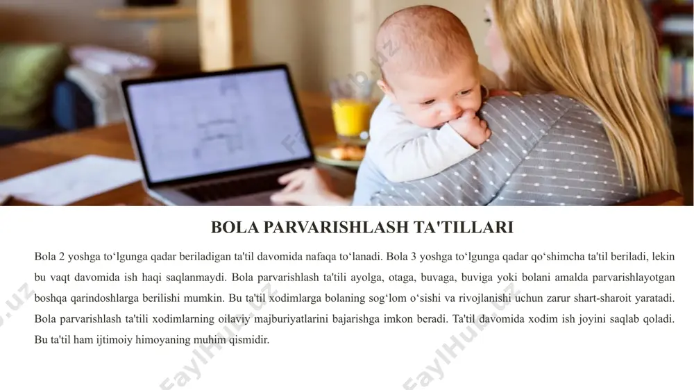tsiyasi to‘lanadi, masalan, homiladorlik va tug‘ish ta’tillari uchun. bu nafaqa xodimning moliyaviy barqarorligini ta’minlashga yordam beradi. ijtimoiy ta'tillar huquqiy asoslari xodimlarning ijtimoiy himoyasini kuchaytiradi va ularning mehnat faoliyatini qo‘llab-quvvatlaydi. bu kafolatlar orqali davlat xodimlarning oilaviy va sog‘liq holatini yaxshilashga intiladi. shu sababli, ijtimoiy ta'tillar xodimlarning huquq va manfaatlarini himoya qilishda muhim rol o‘ynaydi. ijtimoiy ta’tillarning jamiyatdagi o‘rni ijtimoiy ta'tillar har bir jamiyatda ijtimoiy barqarorlik va inson salohiyatini rivojlantirishning muhim vositasidir. bu ta'tillar ijtimoiy himoya tizimining ajralmas qismi bo‘lib, aholining ehtiyojmand qatlamlarini — xususan ayollar, bolalar, talaba yoshlar va sog‘ligi bilan bog‘liq muammolari bo‘lganlarni qo‘llab-quvvatlashga qaratilgan. ayollarga homiladorlik va tug‘ish, shuningdek bola parvarishlash davrida ish joyini yo‘qotmasdan vaqtincha tanaffus qilish imkoniyatini yaratish orqali ular oilaviy va kasbiy hayot o‘rtasida muvozanatni saqlab qolishadi.bundan tashqari, bola parvarishlash ta'tillari orqali jamiyatda sog‘lom avlodni tarbiyalashga katta hissa qo‘shiladi. o‘quv ta'tillari esa insonning doimiy o‘sishiga, bilim va ko‘nikmalarini oshirishga yordam beradi. bu esa jamiyatda malakali kadrlar …