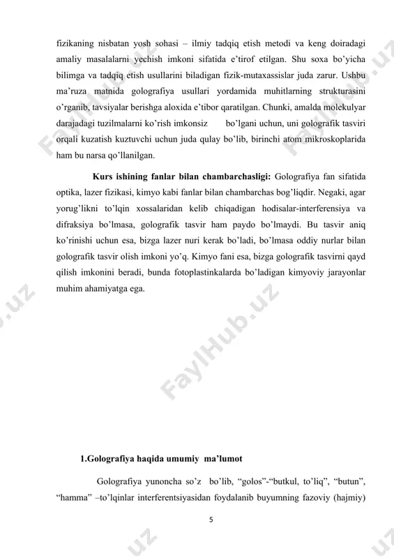 lib, bir qarashda tasvirlarni ro’yxatga olishning ob’ektiv usuli bo’lgan fotografiya, batafsil ko’rib chiqilganda, inson ko’zi bilan idrok qilish uchun mo’ljallangan juda sub’ektiv ma’lumot beradi. fotografiyaning kamchiliklari golografiya deb ataladigan tasvirni ro’yxatga olishning tubdan yangi usuli bilan to’liq qoplanadi. dennis golografiyaning asoschisi londondagi davlat kolleji professori gabor 1947-yilda birinchi gologrammani olgan. golografiyaning kashf etilishi u tomonidan elektron mikroskopning rezolyutsiyasini oshirish tajribalari davomida amalga oshirildi. "golografiya" nomi ostida d. gabor usul o’rganilayotgan ob’ekt haqida to’liq ma’lumotni ro’yxatdan o’tkazish imkonini beradi, deb ta’kidladi. 3-rasm. d.gabor. golografiya tez rivojlana boshladi va birinchi lazer sovet fiziklar - akademiklar n. g. basov va a. m. proxorov tomonidan amalga oshirilgan kvant elektronika fundamental tadqiqotlar natijasida 1960 yilda yaratilgan keyin katta amaliy ahamiyatga ega bo’ldi va amerikalik olim charlz taunsom. shu yili, professor t. maimam bir yoqut ustida bir impuls lazer mo’ljallangan. ushbu tizim (uzluksiz lazer farqli o’laroq) agar gologramma ustida harakat moslamalarni tuzatish imkonini beradi, bir necha …