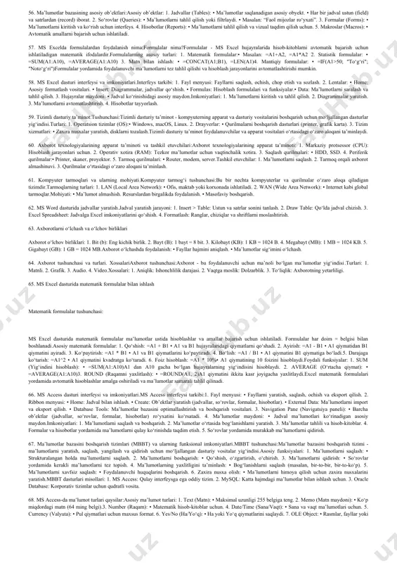 tli xizmatlardan foydalanadi.premiere pro (video tahrirlash).kommunikatsion dasturlar:internet orqali aloqa qilish uchun mo‘ljallangan.misollar:zoom, microsoft teams (videokonferensiyalar).telegram, whatsapp (xabar almashish). 40.ma’lumotlarni strukturalash va ma’lumotlar modellari.ma’lumotlarni strukturalash va ma’lumotlar modellari:ma’lumotlarni strukturalash – bu ma’lumotlarni mantiqiy tartibga solish jarayoni bo‘lib, ularga samarali ishlov berish, saqlash va qayta ishlash imkoniyatini yaratadi. strukturalash orqali ma’lumotlar o‘rtasidagi aloqalarni aniqlash va ularni boshqarish qulay bo‘ladi.ma’lumotlar modeli esa, ma’lumotlarni tashkil etish va boshqarishning konseptual usuli bo‘lib, ular o‘rtasidagi bog‘liqlikni grafik yoki mantiqiy ko‘rinishda tasvirlaydi. ma’lumotlarni strukturalashning maqsadi:ma’lumotlar o‘rtasidagi bog‘liqlikni aniqlash.ma’lumotlarni tezkor qidirish va ishlov berishni ta’minlash.tartiblangan va aniq ma’lumotlar bazasini yaratish.ortga qaytishsiz ma’lumotlarni saqlash (redundant ma’lumotlarni yo‘q qilish).ma’lumotlarni strukturalashning usullari:oddiy struktura:ma’lumotlar bir o‘lchamli jadval shaklida saqlanadi.masalan: telefon kitobidagi ro‘yxat.ierarxik struktura:ma’lumotlar daraxt shaklida tashkil etiladi.har bir tugun yuqori darajadagi tugunga bog‘liq.masalan: kompaniya tuzilmasi (bo‘limlar va xodimlar). 41. ms word dasturi interfeysi:ms word matn muharriri bo‘lib, uning interfeysi quyidagi asosiy qismlardan iborat:ms word interfeysining asosiy elementlari: 1. lenta (ribbon): • asosiy …