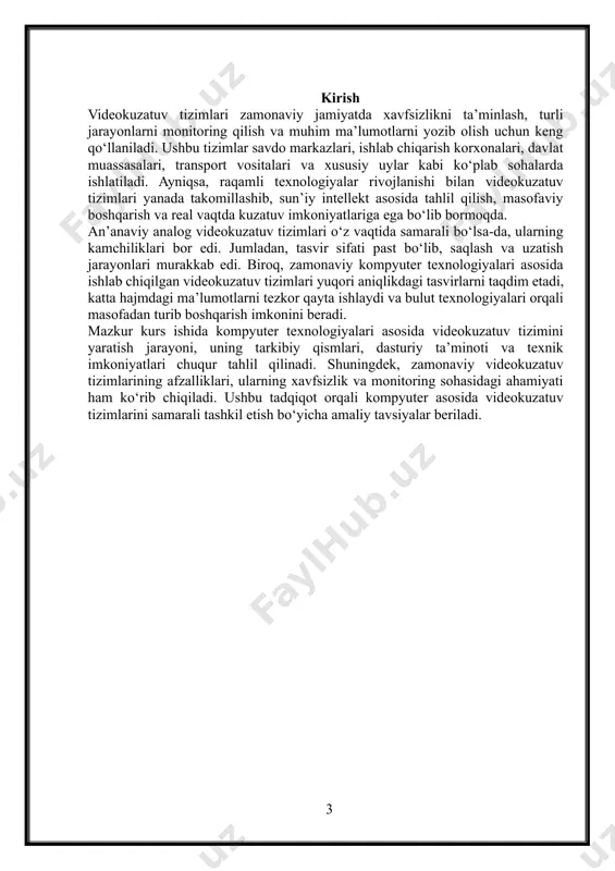 siya qilish · ma’lumotlarni bulutga saqlash yoki mahalliy serverda zahiralash · elektr quvvatining uzilishi ehtimoli uchun zaxira ups o‘rnatish kompyuterlar negizida videokuzatuv tizimini tashkil etish xavfsizlik darajasini oshirish bilan birga biznes yoki shaxsiy ehtiyojlar uchun qulay nazorat imkoniyatini ham yaratadi. to‘g‘ri tanlangan texnik va dasturiy ta’minot tizimning samarador va ishonchli ishlashini ta’minlaydi. videokuzatuv tizimlari turli muassasalar, sanoat korxonalari, davlat tashkilotlari va xususiy uy-joylar uchun xavfsizlikni ta’minlashda muhim ahamiyatga ega. ular xavfsizlikni mustahkamlash, tartibni saqlash va real vaqtda monitoring qilish imkoniyatini yaratadi. videokuzatuv tizimining asosiy maqsadlari: · xavfsizlikni ta’minlash · jinoyatchilik va huquqbuzarlikning oldini olish · ichki va tashqi obyektlarning xavfsizligini nazorat qilish · favqulodda vaziyatlarni aniqlash va tezkor choralar ko‘rish · obyekt hududlariga ruxsatsiz kirishning oldini olish · ish jarayonlarini monitoring qilish · ishlab chiqarish va xizmat ko‘rsatish jarayonlarini nazorat qilish · xodimlar va tashrif buyuruvchilarning harakatlarini kuzatish · ish joyidagi tartib-intizomni ta’minlash · ish jarayonlarining samaradorligini baholash · huquqiy …