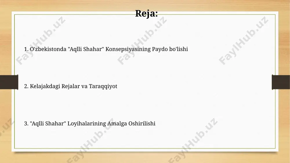sohasiga 1 milliard aqsh dollaridan ortiq investitsiyalar kiritish rejalashtirilgan bo‘lib, bu esa mamlakatning raqamli iqtisodiyotini yanada rivojlantirishga xizmat qiladi. davlat dasturlari va strategiyalari давлат дастурлари электрон ҳукумат тизимини ривожлантиришга, 5g тармоқларини кенгайтиришга ва шаҳар инфратузилмасини замонавий технологиялар билан жиҳозлашга 30 триллион сўмдан ортиқ маблағ ажратди. стратегияларда аҳолининг ҳаётини яхшилаш учун кампир ва нурота каби кичик шаҳарларда ҳам энергия самарадорлигини ошириш, ақлли транспорт тизимларини жорий этиш каби 10 дан ортиқ мақсад белгиланган. texnologiyalarni qo'llash samarqanddagi “aqlli transport” tizimi 1000 dan ortiq avtobus va taksilarni qamrab olib, yo'l harakati xavfsizligini 15% ga oshirdi hamda yo'l tıkanıklıklarını kamaytirishga yordam bermoqda. andijon viloyatida 300 dan ortiq “aqlli” yoritish tizimlari o'rnatildi, bu esa energiya sarfini 25% ga kamaytirdi va shahar ko'chalarining xavfsizlik darajasini oshirdi. energetika samaradorligini oshirish навоий вилоятидаги қуёш электр станцияларининг умумий қуввати 500 мвт га етиши билан вилоятнинг энергия таъминотида қайта тикланувчи энергия манбаларининг улуши 20% гача ошади. самарқанд вилоятидаги 5 та туманда …