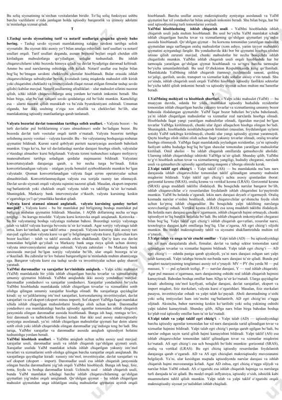 ish, davlat boshqaruvi xarajatlari, infratuzilma va investitsiya loyihalari, subsidiyalar va kreditlar. daromadlarga ko‘ra tarkibi esa quyidagilardan tashkil topadi: soliqlar (qqs, daromad solig‘i, foyda solig‘i), davlat mulklaridan tushgan daromadlar, chet eldan olinadigan yordamlar va kreditlar, davlat byudjeti muvozanatli bo‘lishi kerak. agar xarajatlar daromaddan ko‘p bo‘lsa — byudjet taqchilligi, aksincha bo‘lsa — profitsit yuzaga keladi. shunday qilib, davlat byudjeti mamlakat iqtisodiyoti uchun asosiy moliyaviy asosdir. 2.davlat buydjeti ijrosi, defisit va uni bartaraf etish choralari. - davlat byudjeti – bu ma’lum bir davr uchun davlatning daromadlari va xarajatlari rejasidir. davlat byudjeti iqtisodiyotni boshqarish va ijtimoiy barqarorlikni ta’minlashda asosiy vosita hisoblanadi. byudjet xarajatlarga ko‘ra tarkibiga quyidagilar kiradi: ta’lim, sog‘liqni saqlash, mudofaa, yo‘l qurilishi, subsidiyalar va boshqa ijtimoiy sohalar. daromadlarga ko‘ra tarkibi esa asosan soliqlar, davlat mulkidan tushadigan daromadlar va chet eldan olinadigan mablag‘lardan iborat. davlat byudjeti ijrosi – bu rejalashtirilgan daromadlar va xarajatlarning amalda qanday bajarilayotganini bildiradi. agar xarajatlar daromadlardan oshib ketsa, byudjet defitsiti …