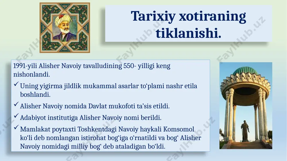 o‘plab ajdodlarimizning milliy va ma’naviy merosi xalqimizga qaytarildi, tavallud topgan kunlari jahonda va mamlakatimizda nishonlanib, ruhlari shod etildi va asarlari nashr etildi hamda qadamjolari obod qilindi. 1991-yildan boshlab mamlakatda prezident farmoniga ko‘ra, 21-mart – navro‘z umumxalq bayrami sifatida nishonlanadigan bo‘ldi. 1990-yil 2-iyun kuni «musulmonlarning saudiya arabistoniga haj qilishi to‘g‘risida» gi farmonini e’lon qildi. 1992-yilda o‘zbekiston respublikasining vazirlar mahkamasi huzurida din ishlari bo‘yicha qo‘mita tashkil etildi. 1992-yil 27-martda o‘zbekiston prezidentining «ro‘za hayitini dam olish kuni, deb e’lon qilish to‘g‘risida» farmoniga ko‘ra, musulmonlar hayotidagi qutlug‘ sanalar – qurbon va ramazon hayit kunlarini doimiy ravishda bayram qilish va ularni dam olish kunlari, deb e’lon qilindi. mustaqillik sharofati bilan «islom nuri» haftanomasi, «hidoyat» jurnali dunyoga keldi, ko‘plab diniy-axloqiy adabiyotlar chop etila boshlandi. qur’oni karim yurtimizda ilk bor 1992-yil alouddin mansur tomonidan o‘zbek tiliga tarjima qilindi va uch marta, jami 300 ming nusxada bosmadan chiqarildi. 2004-yili esa toshkent islom universitetida qur’oni karimning shayx abdulaziz mansur …