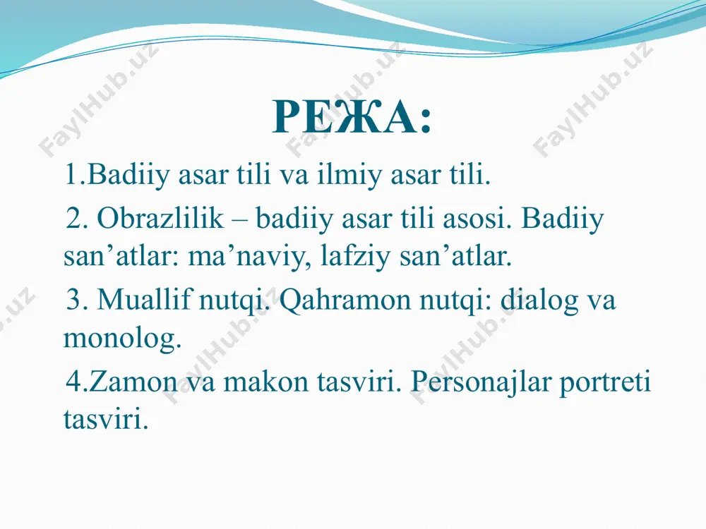 ishi chinda so`z desa zebo durur, nesha muxtasar bo`lsa avlo durur. navoiyning ko`rsatishicha, yozuvchining so`zi ikki xususiyatga ega bo`lishi kerak: chinlik (rostlik) va muxtasarlik (qisqalik) badiiy san`atlar 1. ma`naviy san`atlar asar mazmuni bilan bog`liq. 2. lafziy san`atlar asar tili bilan bog`liq. ma`naviy san`atlar tashbeh, tamsil, mubolag’a, husni ta’lil, tajohuli orif, tashxis, intoq, talmeh, laff va nashr, ruju’, istiora, irsoli masal, tavshih, muammo, iqtibos, savolu javob, tansiq-as-sifat lafziy san`atlar tajnis, iyhom, tanosib, ishtiqoq, tazod, tarde aks, ta’did, takrir, mukarrar, kitobat, talmi’, raddi matla’ tashbeh ar. o’xshatish. bu san’at ikki predmet yoki hodisa o’rtasidagi o’xshashlik asosida yuzaga keladi va o’xshatish deb ham nomlanadi. mumtoz adabiyotda tashbeh san’atidan juda unumli foydalanilgan. jumladan, ma’shuqa bilan bog’liq eng ko’p qo’llanilgan tashbehlar: bo’y-sarv, shamshod, alif; soch-sunbul, mushk; qosh-yoy, hilol, mehrob; kiprik-o’q; g’amza-qilich, xanjar; tishlar-dur, inju; lab-la’l, obi hayot. tashbeh unsurlari tashbeh odatda 4 unsur (qism) dan tashkil topadi: 1) mushabbah – o’xshatilgan narsa (nima o’xshatilgan bo’lsa, …