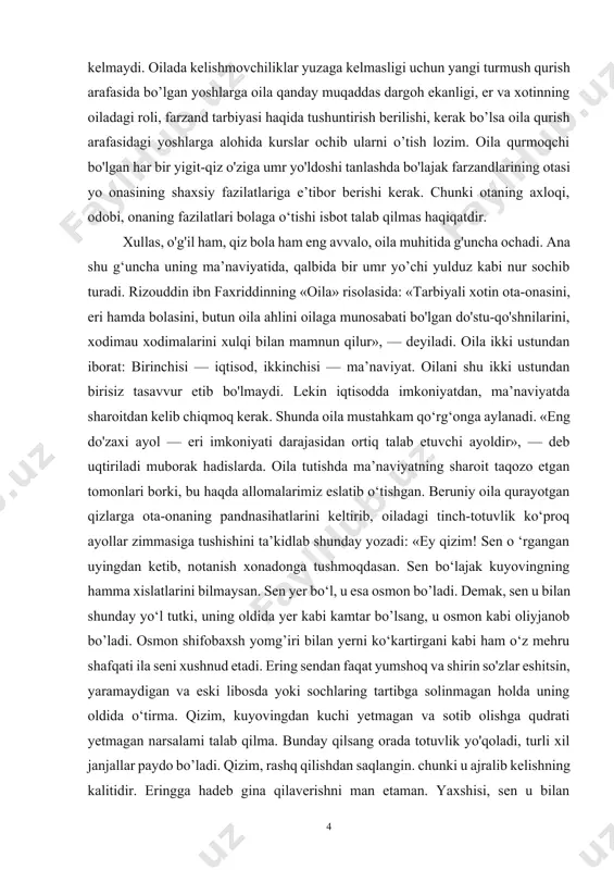 ofgarchilikka yo‘l qo'yish hollari ko'payib qolgan edi. bu esa an’analarimizni obro'sizlantirishga olib kela boshladi va oddiy odamlaming nafsoniyatiga tegar edi. oqibatda ko‘p oilalar buzilib ketdi. to‘ylarda yangicha tartib, yangicha rasm-rusmlami joriy qilishda mahalla qo'mitalari, xotin-qizlar faollarining ta’siri kuchli bo‘lmog‘i zarur. har bir mahallada iqtidorli ayollardan laparchilar, musiqachilar guruhini tashkil etish, to‘yni qiziqarli, bir umrga esda qoladigan qilish uchun turli-tuman dasturlar tayyorlash, to‘y ishtirokchilarining faolligini oshirish yo‘llarini o‘ylab topish lozim. oila jamiyatdagi iqtisodiy, ma’naviy va madaniy munosabatlardan tashqari tabiiybiologik munosabatlami ham ifodalaydi. ya’ni, oilada avlod davom ettiriladi. jamiyat erkak va ayol o‘rtasidaga tabiiy munosabatlar madaniyatini tarbiyalash orqali ular o‘rtasidagi ahllikni mustahkamlashga ko‘maklashadi. bu munosabatlar madaniyatini shakllantirish oila hayotiga ijobiy ta’sir ko'rsatadi, bolalar salomatligi, soni va tug‘ilish muddatlarini maqsadga muvofiqlashtirishni, oilaning rivojlanish jarayonini ongli ravishda boshqarishni ta’minlaydi. tabiiyki, jamiyat tug‘ilish muammosiga befarq qaray olmaydi, bu holat uning ijtimoiy-iqtisodiy taraqqiyotiga katta ta’sir ko'rsatadi. respublikamiz aholisi tez sur’atlar bilan o‘sayotgan mamlakatlar qatoriga kiradi. uning …