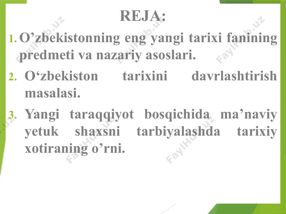 ezi va etnik tarixi, o'zbekistonning boy moddiy hamda ma'naviy madaniyati tarixini o'rganish bilan shug'ullangan. tarix institutining ilmiy va tashkiliy faoliyatida tub o'zgarishlar o'zbekiston mustaqillikka erishganidan so'ng sodir bo'ldi. o'zbekiston respublikasi vazirlar mahkamasining 1998-yil 27-iyuldagi "o'zbekiston respublikasi fanlar akademiyasi tarix instituti faoliyatini takomillashtirish to'g'risida"gi qarori tarixiy vazifalarni strategik o'zgartirish uchun asos bo'ldi. o‘zbekiston tarixini quyidagi davrlarga bo`lish mumkin ibtidoiy-jamoa tuzumi qadimgi davr: davlatchilikning shakllanishi va rivojlanishi o'rta asrlar davri rossiya imperiyasi mustamlakachiligi davri mustabid sovet hokimiyati hukmronligi davri milliy istiqlol davri ibtidoiy jamoa tuzumi insoniyat tarixining boshlang‘ich davri bo‘lib, bu paytda barcha mehnat qurollari umumiy bo‘lgan, hamma birgalikda mehnat qilgan. ibtidoiy to‘da turmush va mehnat qurollari umumiy bo`lgan eng qadimgi odamlar jamoasi. urug‘ jamoasi birgalikda yashagan va mehnat qilgan, umumiy mehnat qurollari va qurol-yarog‘larga ega bo‘lgan qarindoshlar jamoasi. matriarxat eng qadimgi tuzum rivojidagi bir bosqich bo‘lib, qarindoshlik munosabatlari ona tomonga qarab belgilanib, urug‘ va oila boshlig‘i ayol bo‘lgan. patriarxat insoniyat rivojining …