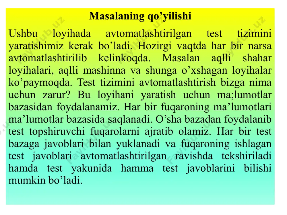 lete jurnal fayli sinovni xato 18 ish natijalari avtomatlashtirilgan sinov vositalarini ko'rib chiqish va qiyosiy tahlil qilish amalga oshirildi; avtomatlashtirilgan test tizimining tuzilmasi ishlab chiqildi; “abonent” hisob-kitob tizimini avtomatlashtirilgan funksional sinovdan o‘tkazish texnologiyasi ishlab chiqildi; test algoritmini amaliy amalga oshirish uchun test skriptlari ishlab chiqildi ; eksperimental sinovlar o'tkazildi; ayni paytda tizim ishga tushirildi va “abonent” hisob-kitob tizimining sifatini muntazam tekshirish uchun foydalanilmoqda. e'tiboringiz uchun rahmat! image1.png image2.png image3.png image4.png image5.png image6.png image7.png image8.png image9.png image10.png image11.png image12.png image13.png image14.png image15.png image16.png image17.png image18.png image19.png image20.png image21.png image22.png image23.png