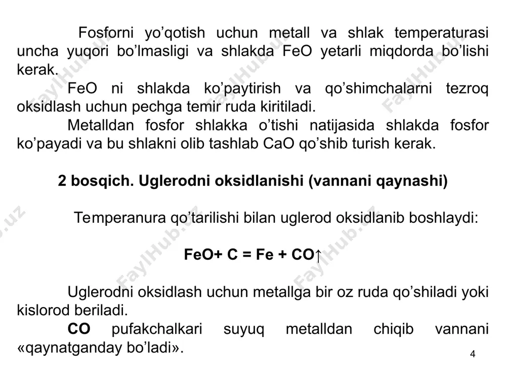 tagida shixtani temperaturasi 24000c gacha ko’tariladi va kislorod oqimi metallga yetib borgan joyda temir oksidlanadi. . temir oksidi shlak va metallda eriydi, metall kislorodga to’yinadi, kislorod kremniy, marganets, uglerodni oksidlaydi. metallda ularni miqdori pasayadi. oksidlash jarayonida issiqlik ajraladi va metall tezda qizib ketadi. * fosfor metalldan kislorod berishni bilan temperatura past bo’lganda kamaytirilib boshlaydi (cho’yanda fosfor 0,15 % oshmagan bo’lishi kerak). fosfor ko’p bo’lsa shlakni to’kib yangilatib turish kerak bo’ladi, bu esa konverterning ish unumini pasaytiradi. oltin gugurt butun eritish jarayoni davomida kamaytirib boriladi (cho’yanda oltin gugurt 0,07 % oshmagan bo’lishi kerak). po’latda uglerod miqdori talab etilgan miqdorga yetganda kislorod berilishi to’xtatlladi. keyin konverter ag’dariladi va po’lat kovshga to’kib olinadi (rasm.г), bu yerda po’latdagi temir cho’ktirish usulida ferromarganets, ferrosilitsiy, alyuminiy yordamida qaytariladi, keyin shlak to’kiladi (rasm.д). kislorod konverterlarida qaytarilmagan, to’la qaytarilgan hamda kam legirlangan po’latlar olinadi. eritilgan legirlovchi elementlar kovshga po’latni to’kishdan oldin quyiladi. konverterda po’latni eritish 25…30 daqiqada tugaydi. …
