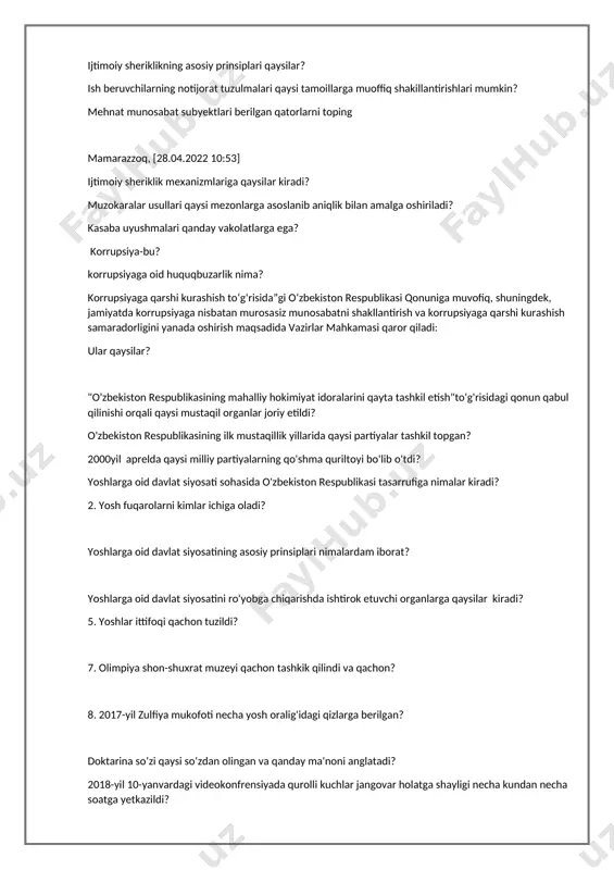 ba uyushmalari qanday vakolatlarga ega? korrupsiya-bu? korrupsiyaga oid huquqbuzarlik nima? korrupsiyaga qarshi kurashish to‘g‘risida”gi o‘zbekiston respublikasi qonuniga muvofiq, shuningdek, jamiyatda korrupsiyaga nisbatan murosasiz munosabatni shakllantirish va korrupsiyaga qarshi kurashish samaradorligini yanada oshirish maqsadida vazirlar mahkamasi qaror qiladi: ular qaysilar? "o'zbekiston respublikasining mahalliy hokimiyat idoralarini qayta tashkil etish"to'g'risidagi qonun qabul qilinishi orqali qaysi mustaqil organlar joriy etildi? o'zbekiston respublikasining ilk mustaqillik yillarida qaysi partiyalar tashkil topgan? 2000yil aprelda qaysi milliy partiyalarning qo'shma quriltoyi bo'lib o'tdi? yoshlarga oid davlat siyosati sohasida o'zbekiston respublikasi tasarrufiga nimalar kiradi? 2. yosh fuqarolarni kimlar ichiga oladi? yoshlarga oid davlat siyosatining asosiy prinsiplari nimalardam iborat? yoshlarga oid davlat siyosatini ro'yobga chiqarishda ishtirok etuvchi organlarga qaysilar kiradi? 5. yoshlar ittifoqi qachon tuzildi? 7. olimpiya shon-shuxrat muzeyi qachon tashkik qilindi va qachon? 8. 2017-yil zulfiya mukofoti necha yosh oralig'idagi qizlarga berilgan? doktarina soʻzi qaysi soʻzdan olingan va qanday ma'noni anglatadi? 2018-yil 10-yanvardagi videokonfrensiyada qurolli kuchlar jangovar holatga shayligi necha …