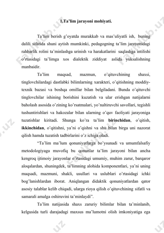 ar va malakalar majmuasining shakllanishiga bog’liq holda namoyon bo’ladi. ta’lim jarayoni-yagona dinamik tizim sifatida. ta’lim jarayoni o’zaro bog’liq bo’lgan tashkil etuvchilar (ko’rsatkichlar) ning o’zaro uzviy bog’liqligi asosida tuzilgan yagona dinamik tizimni tashkil etadi. dinamik tizim deyilishiga sabab, ta’limni va ta’lim jarayonini tashkil etuvchilari jamiyat taraqqiyotiga mos holda muntazam rivojlanishda bo’lib, takomillashtirilib boriladi. bunda tashkil etuvchilar quyidagilardir: maqsad; mazmun; shakl, usul; uslub; o’qituvchi shaxsi; tinglovchilardagi dastlabki bilim; o’qitishning moddiy-texnik bazasi va shu kabilar. bu ta’lim jarayonlarini bir butunlikda, ya’ni yagona yaxlit dinamik tizim sifatida qarash lozimligini taqozo etadi va bunday qarash ta’lim jarayonini boshqarish va boshqarishning optimal variantini topishga ham imkoniyat yaratadi. qayd etilgan ta’lim jarayonini tizim ko’rinishida quyidagicha ifodalash mumkin (1 - shakl). ta’lim oluvchi 1-shakl. ta’lim jarayonini tashkil etuvchilari va ular dinamikasi. shaklda ifodalangan ketma-ketlik o’qitish jarayonining algoritmini ishlab chiqishga imkoniyat yaratadi. o’qitish algoritmini ishlab chiqish orqali olib boriladigan ta’lim jarayonining uzviyligini va uzluksizligini ta’minlovchi qat’iy ketma- ketlik yaratiladi, …