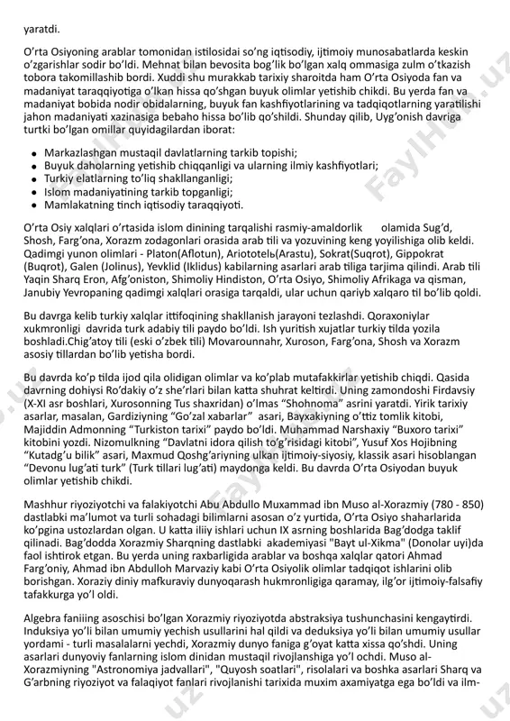 n oʻzaro kelishmay kelgan boʻlsalarda, amalda yevropa uygʻonish davrida boʻlganidek, inson ongini bedor etish, uni aqidaparastlik (taqlidchilik) gʻuboridan tozalashda hamkorlik qildilar. shu bois hurfikrli mutafakkirlar orasida ratsionalist olimlar bilan birga, orif sufiylar ham bor edi. sharq uygʻonish davri vakillari oʻz xalklarining ked. madaniyat bilan birga, yunon vahind xalklari merosidan ham foqdalanishgan. yunon olimlarining asarlari 8—9-asrlarda arab tiliga tarjima qshshndi, sharxlandi. aflotun, arastuni sharq faylasuflari ham oʻz ustozlari deb hisoblashgan, plotin qarashlari ibn alarabiyga taʼsir etib, „vahdatul vujud“ falsafasiga turtki berdi. biroqyunonlar koʻp fikrlarni qad. osiyoliklardan olganlar. bu tarix qonuniyati; abu rayhon beruniyning „kitob attafhim li avoil sinoat attanjim“ asari qoʻlyozmasi (13- asr).yuksalishga shaylangan xalq oʻz madaniyati va oʻzigacha yaratilgan bashariy yutuqlarni oʻzlashtirib, yana yuksaklikka koʻtariladi. sharq uygʻonish davri keng koʻlamli: taʼlim va tahlil, madrasamaorif rivojlangan, ulkan kutubxonalarda yuz minglab jild kitoblar yigʻilgan, „xazinat ulhikma“, „dor ululum“larda tolibi ilmlar, ustozshogirdlar suhbati bardavom edi, olimning obroʻeʼtibori yuksak qadrlandi. sharq uygʻonish davri yutuqlari …