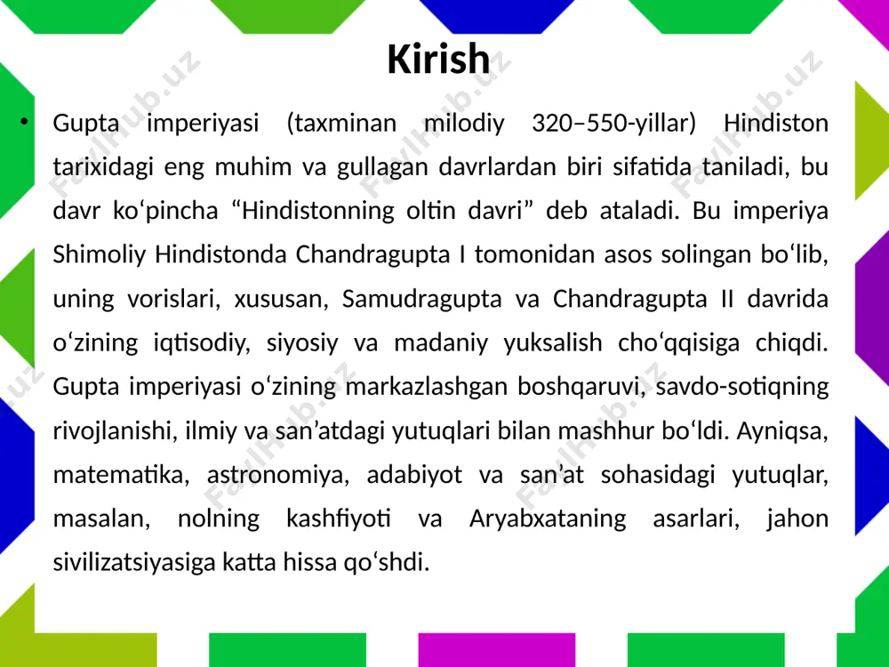 yo‘qotdi va bir qator mustaqil davlatlarga bo‘linib ketdi. foydalanilgan adabiyotlar: karimov a., qadimgi hindiston tarixi, toshkent: o‘zbekiston, 2003. qosimov b., hindiston sivilizatsiyasi tarixi, toshkent: sharq, 2007. raximov r., dunyo tarixidan saboqlar, toshkent: o‘zbekiston, 2015. egamberdiyeva d., jahon qadimgi tarixi, toshkent: yangi asr avlodi, 2010. g‘aybullayev a., qadimgi sharq tarixi, toshkent: o‘qituvchi, 2005. raxmonov i., ilk o‘rta asrlar davlatchiligi, toshkent: fan, 2011. tursunov b., sharq xalqlari tarixi, samarqand: samdu nashriyoti, 2013. narzulloyev b., jahon tarixi: qadimgi va o‘rta asrlar, toshkent: iqtisod-moliya, 2014. image13.png image15.png image16.png image17.png image18.png image1.jpeg image10.jpeg image12.png image14.jpeg image2.jpeg image3.jpeg image4.jpeg image5.jpeg image6.jpeg image7.jpeg image8.jpeg image9.jpeg /docprops/thumbnail.jpeg