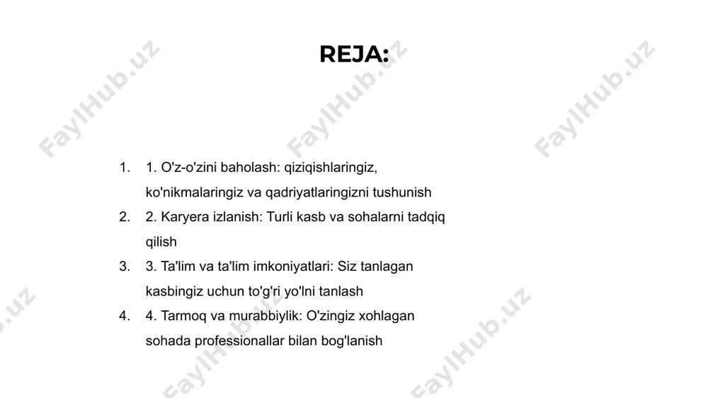 lgan turli yo'llar mavjud. har bir variant siz tanlagan sohada o'sish uchun noyob imtiyozlar va imkoniyatlarni taqdim etadi. oxir oqibat, asosiy narsa sizning martaba maqsadlaringiz va intilishlaringizga mos keladigan ta'lim va o'qitish variantlarini tadqiq qilish va tanlashdir. to'g'ri yo'lni tanlab, siz tanlagan kasbingizda muvaffaqiyatga erishishingiz mumkin. 4. tarmoq va murabbiylik: o'zingiz xohlagan sohada professionallar bilan bog'lanish venus is the second planet from the sun mercury is the closest planet to the sun jupiter is the biggest planet of them all 1 2 3 5. amaliyot va soya: amaliy tajriba va tushunchaga ega bo'lish amaliyot va soyalar turli kasblar bo'yicha amaliy tajriba va qimmatli tushunchalarni beradi. bu sohadagi mutaxassislar bilan birga ishlagan holda, shaxslar ish vazifalari va talablarini yaxshiroq tushunishlari mumkin. ushbu amaliy tajriba odamlarga o'zlarining martaba yo'llari va kelajakdagi maqsadlari haqida ongli qarorlar qabul qilishga yordam beradi. 6. mehnat bozori tahlili: turli kasb egalarining talab va ish haqi salohiyatini tushunish …