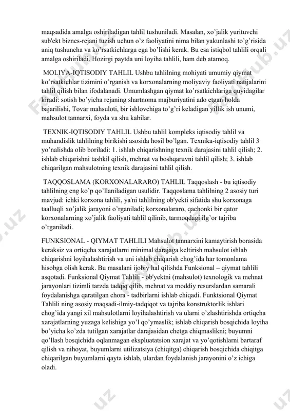 mchiliklarga yo’l qo’ygan javobgar shaxslarni aniqlash; salbiy omillarni bartaraf qilish uchun tadbirlar ishlab chiqish; ko’rsatilgan vaqtda erishilgan natijalarni yakunlash va «tor» joy va ilg’or bo’g’inlarni aniqlash. istiqbol tahlili istiqbol tahlili, deganda xo’jalik yurituvchi sub'ektning kelgusi faoliyatini oldindan o’rganish, bo’ladigan jarayonlarni oldindan belgilash maqsadida amalga oshiriladigan tahlil tushuniladi. masalan, xo’jalik yurituvchi sub'ekt biznes-rejani tuzish uchun o’z faoliyatini nima bilan yakunlashi to’g’risida aniq tushuncha va ko’rsatkichlarga ega bo’lishi kerak. bu esa istiqbol tahlili orqali amalga oshiriladi. hozirgi paytda uni loyiha tahlili, ham deb atamoq. moliya-iqtisodiy tahlil ushbu tahlilning mohiyati umumiy qiymat ko’rsatkichlar tizimini o’rganish va korxonalarning moliyaviy faoliyati natijalarini tahlil qilish bilan ifodalanadi. umumlashgan qiymat ko’rsatkichlariga quyidagilar kiradi: sotish bo’yicha rejaning shartnoma majburiyatini ado etgan holda bajarilishi, tovar mahsuloti, bir ishlovchiga to’g’ri keladigan yillik ish unumi, mahsulot tannarxi, foyda va shu kabilar. texnik-iqtisodiy tahlil ushbu tahlil kompleks iqtisodiy tahlil va muhandislik tahlilning birikishi asosida hosil bo’lgan. texnika-iqtisodiy tahlil 3 yo’nalishda olib boriladi: …