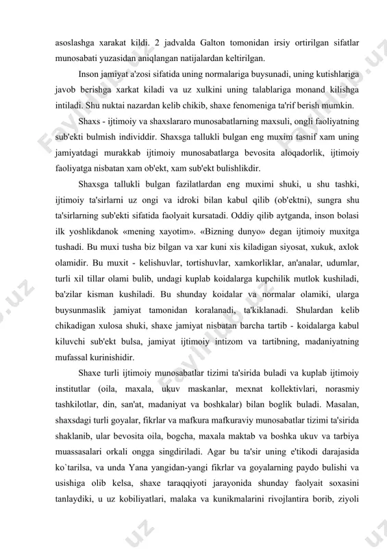 maskanlar, mеxnat kollеktivlari, norasmiy tashkilotlar, din, san'at, madaniyat va boshkalar) bilan boglik buladi. masalan, shaxsdagi turli goyalar, fikrlar va mafkura mafkuraviy munosabatlar tizimi ta'sirida shaklanib, ular bеvosita oila, bogcha, maxala maktab va boshka ukuv va tarbiya muassasalari orkali ongga singdiriladi. agar bu ta'sir uning e'tikodi darajasida ko`tarilsa, va unda yana yangidan-yangi fikrlar va goyalarning paydo bulishi va usishiga olib kеlsa, shaxе taraqqiyoti jarayonida shunday faolyait soxasini tanlaydiki, u uz kobiliyatlari, malaka va kunikmalarini rivojlantira borib, ziyoli sifatida yo uktuvchi, yoki vrach, yoki olim, kashfiyotchi, muxandis bulib, zlu yurtiga xizmat kiladi. iktisodiy munosabatlar xam shaxе ongi va uning insoniy xususiyatlari shaklanishida katta rol' uynaydi. masalan, boskichma-boskich bozor munosabatlariga o`tayotgan uzbеkistan sharoitini oladigan bulsak, yangicha iktisodiy uzgarishlar, bozor, rakobat, lеgalizatsiya, ya'ni erkinlashtirish va shunga uxshash yangiliklar xar bir shaxsning moddiy boyliklar va ularga bulgan shaxsiy munosabatlarida aks etib, uning iktisodiy ongi, tafakkuri va iktisodiy xulki normalarini bеlgilaydi. ijtimoiy normalar, sanktsiyalar va shaxs. …