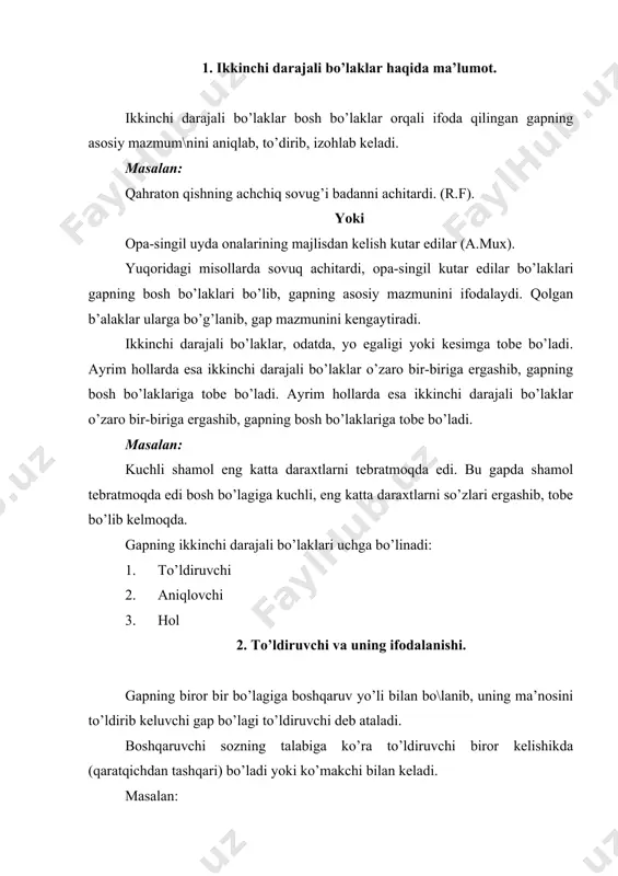 qa bir to’ldiruvchiga ham bo’lanib kelishi mumkin. bunday hol ko’pincha ega aniqlovchi, to’ldiruvchining sifatdosh va harakat nomi bilan ifodalanganida ro’y beradi. masalan: 1. to’diruvchining egaga bog’lanib kelishi gulni sevgan tikanni ham sevadi. 2. to’ldiruvchining aniqlovchiga bo’lanib kelishi betga aytganni zaxri yo’q. 3. to’ldiruvchining to’ldiruvchiga bo’lanib kelishi direktorimiz musobaqaga qatnashganlarni qzg’in tabrikladi. to’ldiruvchilar odatda, ot, olmosh, harakat nomi, son, sifat, sifatdosh bilan ifodalanadi: ot bilan: ifodalanishi. qarsak ikki qo’ldan chiqadi. (maqol) ochiq gapir, so’zingni anglat. olmosh bilan: ifodalanishi. supa ustida o’tirib choy ichayotgan saodat opa voqeani undan surishtira boshladi. (s.n.). qiz kim bilandir so’zlashib borardi. (o). harakat nomi bilan ifodalanish. yo’lchi chindan ham nay chalishni bilar edi. (o). son bilan ifodalanishi. yigirmani ikkiga bo’lsak, o’n bo’ladi. sifat bilan ifodalanishi. mardni mehnat engolmas. (maqol). qocjoqqa shavqat yo’q, qo’rqoqqa hurmat. (maqol). sifatdosh bilan ifodalanishi. qo’rqqanga qo’sh ko’rinibdi. (maqol). ayrilganni bo’ri er. (maqol). to’ldoruvchilar birikma holiday ham ifodalanadi. masalan: elmurod tabora kunlarni qanday o’tayotganini …