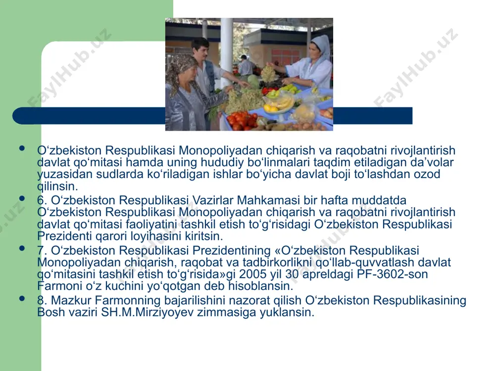 urib, bozorni shakllantirib bo’lmaydi. shu maqsadda o’zbekistonda 1992 yilda monopolizmga qarshi kurash qonunchiligiga asos solindi. shu yili respublikamizda monopolistik faoliyatni cheklash to’g’risidagi qonun qabul qilindi. qonunni buzganlar raqibiga etkazgan zararni qoplashlari, jarima to’lashlari shart. ular g’irromlik bilan olingan foydadan mahrum etiladi. bu qonun raqobatchilik tizimiga xizmat qiladi. xo’sh, bu qonunning amal qilishi qanday boryapti, uning faoliyatini kuchaytirish uchun nimalarga ahamiyat berish kerak? shu munosabat bilan prezidentimiz i.a.кarimov o’zining «o’zbekiston xxi asrga intilmoqda» asarida shunday deydi: biz «monopoliya faoliyatini cheklash to’g’risida qonun qabul qilganmiz, lekin u amalda ish berayotgani yo’q. statistik ma’lumotlarga qaraganda, endilikda davlat tasarrufidan butunlay chiqarilgan savdo, xizmat ko’rsatish sohalarida ham monopoliya tuzilmalariga duch kelyapmiz. ahvol shunday ekan, qonun va kishilar manfaatlarini himoya qilish lozim bo’lgan, monopoliyadan chiqarish qo’mitasi, soliq organlari, prokuratura nima bilan shug’ullanmoqda? degan savol tug’iladi. afsuski, ular bu masalalar bilan jiddiy shug’ullanishmayapti. natijada ishlab chiqarishga, eng muhimi esa, iste’molchiga, odamlarning manfaatiga zarar etmoqda. tabiiy monopoliya sub’ektlari …