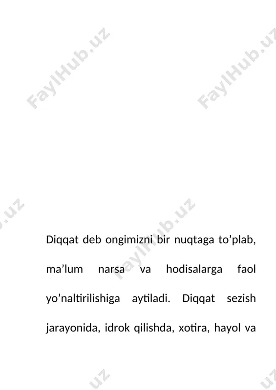 vrda qolgan narsalar va shodisalarni ong doirasidan chetda qoldirmaydi. diqqatning qo’lami qanchalik keng doiraga yoyilsa, demak, u tanlangan ob'ektning miqdori shunchalik ko’p bo’ladi va boshqalar. sobiq sovet psixologiyasida diqqat muammosi shorijiy psixologiya faniga nisbatan ancha murakkab, mustaqil, ilmiy manbalarga ega shisoblanadi va u shu bilan o’zaro farq qiladi. lekin sobiq sovet psixologiyasida diqqatga nisbatan mukammal, qat'iy fikr vujudga kelgani yo’q, lekin uning atrofida juda ko’p tortishuvlar, munozaralar bo’lib o’tgan. diqqatning psixologik tabiati tog’risidagi 20-30 yillarda boshlangan ilmiy bashslar to shozirgi kungacha davom etib kelmoqda. ilmiy munozaralarning zamirida asosiy fikr-diqqatning bitta ob'ektga qaratilishidir. bu ilmiy model ong-ob'ektda tarzda ifodalanadi. bu qoya yirik psixolog p. p. blonskiy tomonidan ilgari surgan va asoslangan. uning fikricha, odamning ongi bitta ob'ektga qaratilgandan keyin u atrofdagi narsa va shodisalarni ko’rmaydi. ko’pchilik psixologlar p. p. blonskiyning bu fikriga qo’shilmaydilar. jumladan, atoqli psixolog s. l. rubinshteyn muloshazasiga ko’ra, diqqat ongga sham, ob'ektning xususiyatlariga sham boqliq emas. buning ashamiyatli …