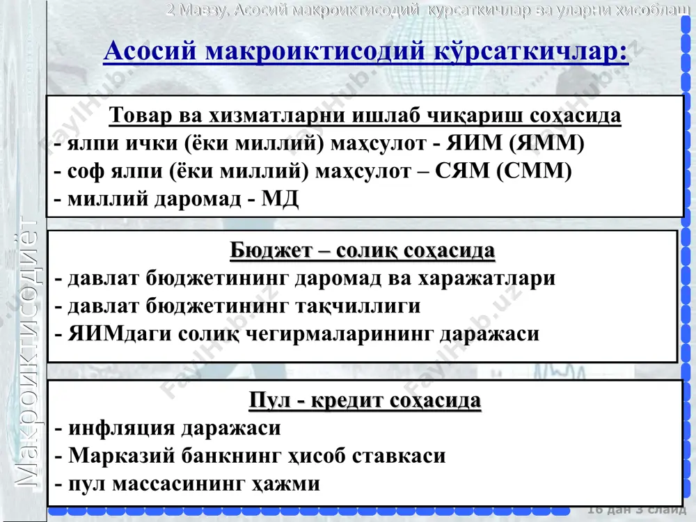 hi ko'rsatkichlar mamlakatning rivojlanish darajasini ifodalovchi ko'rsatkichlar mamlakatdagi makroiqtisodiy vaziyatni ifodalovchi ko'rsatkichlar -milliy boylik; -yalpi ichki mahsulot: -sof ichki mahsulot; -yalpi milliy daromad; -sof milliy tasarrufdagi daromad; -yalpi milliy jamg'arma; -investitsiyalar hajmi; -eksport hajmi; -sanoat mahsuloti hajmi; h.k. aholi jon boshiga to'g'ri keladigan: -milliy boylik; -yalpi ichki mahsulot: -sof ichki mahsulot; -yalpi milliy daromad; -sof milliy tasarrufdagi daromad; -yalpi milliy jamg'arma; -investitsiyalar hajmi; -eksport hajmi; -yaimning tarmoq to'zilmasi; -yaimning material va energiya sig'imi; -alohida tovarlar va xizmatlarning aholi jon boshiga iste'moli; -aholining o'rtacha umri h.k. -iqtisodiy o'sish sur'ati; -inflyatsiya sur'ati; -ishsizlik darajasi; -davlat byudjeti taqchilligi; -milliy valyutaning qadrsizlanishi (devalvatsiyasi) darajasi; to'lov balansi qoldig'i; oltin-valyuta zahirasi dinamikasi; -davlat qarzi dinamikasi va h.k. makroiktisodiyot 2 mavzu. asosiy makroiktisodiy kursatkichlar va ularni xisoblash 16 dan * slayd 1995 – 2018 y. o'zbekistonda yaimning o'sish sur'atlari makroiktisodiyot 2 mavzu. asosiy makroiktisodiy kursatkichlar va ularni xisoblash 16 dan * slayd yalpi ichki mahsulot milliy hisoblar …