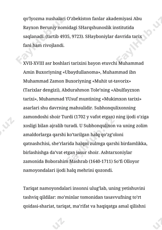 bo’lmadi. aksincha, madaniy hayotining orqaga ketishi kuzatildi, uzoq davom etgan turg’unlik davri boshlandi. bunga, birinchi navbatda kechagi markazlashgan davlatning parchalanib ketishi, o’rta osiyoda hukmron bo’lish niyatida uchala xonlik o’rtasida muttasil davom etgan ijtimoiy-iqtisodiy hayotni larzaga soluvchi qirg’inbarot urushlar, o’zaro ichki nizolar sabab bo’lgan edi. ikkinchi sabab-ijtimoiy-madaniy hayotda diniy muttasiblik, johillikning kuchli mavqega ega bo’lib qolganligi ei. shu sabab shayboniylar temuriylar yaratgan boy madaniyatga munosib voris bo’la olmadilar. ijtimoiy hayotda o’zbek va fors tillari qo’llanilgan. an’anaga ko’ra esa fanda va maktabda arab tili muhim o’rin tutgan. madrasalar uch (boshlang’ich, o’rta va yuqori) bosqichli bo’lib, ularda arab, fors va o’zbek tili mukammal o’rgatilgan. shuningdek, fiqh, xisob, xandasa, astranomiya, axloq, falsafa, mantiq, adabiyot, geografiya, tarix, tabobat o’qitilgan. mamlakatdagi siyosiy parokandalik va o’zaro urushlar, jung’orlar xuruji salbiy ta’sir ko’rsatdi. shuning uchun ham bu davr madaniyati shukuhi ancha past darajada bo’ldi. chorminor nomi bilan mashhur halifa niyozquli madrasasi binosi (1807 y qurib tamomlagan) halifa xudoydod …