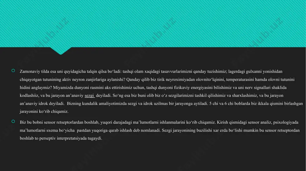 a’m bilish sezgilari; 5. teri sezgilari; 6. muskul – harakat (kinestetik); 7. statistik sezgilar; 8. organik sezgilar; absolyut sezuvchanlik sifatida kuchsiz seskantiruvchilarni sezish qobiliyati, farqlashga sezuvchanlik sifatida esa – seskantiruvchilar o‘rtasidagi kuchsiz farqlarni sezish qobiliyati tushuniladi. seskantiruvchining eng kichik o‘lchami ta’sirida paydo bo‘ladigan dastlabki his etish sezuvchanlikning absolyut bo‘sag‘asi deb ataladi. fiziolog olim g.v. gershuni va xodimlarining tadqiqotlari shuni ko‘rsatdiki, sezgi bo‘sag‘asidan quyiroqda joylashgan tovush seskantiruvchilari, miya elektr faolligining o‘zgarishi va ko‘z qorachig‘ining kengayishini yuzaga keltirishi mumkin. sezgilarni hosil qilmaydigan seskantiruvchilar ta’sir doirasi g.v. gershuni tomonidan «sensor osti sohasi» deb ataldi. sezuvchanlik (bo‘sag‘a) va seskantiruvchining kuchi o‘rtasida qarama-qarshi bog‘liqlik mavjud: sezgining paydo bo‘lishi qanchalik katta kuch talab etgan bo‘lsa, odamdagi sezuvchanlik shunchalik past bo‘ladi. sezuvchanlik bo‘sag‘alari har bir odam uchun o‘ziga xosdir. quyi va yuqori absolyut bo‘sag‘alarning kattaligi turli sharoitlar: inson yoshi va faoliyat xususiyati, retseptorning vazifa bajarish xususiyati, ta’sir etish kuchi va davomiyligi va h.k.lar ta’sirida o‘zgaradi. yuqori darajadagi …