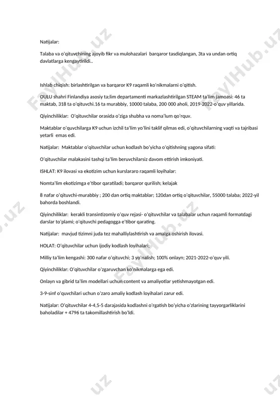 55000 talaba; 2022-yil bahorda boshlandi. qiyinchiliklar: kerakli transintizomiy o’quv rejasi- o’qituvchilar va talabalar uchun raqamli formatdagi darslar to’plami; o’qituvchi pedagogga e’tibor qarating. natijalar: mavjud tizimni juda tez mahalliylashtirish va amalga oshirish ilovasi. holat: o’qituvchilar uchun ijodiy kodlash loyihalari; milliy ta’lim kengashi: 300 nafar o’qituvchi; 3 yo’nalish; 100% onlayn; 2021-2022-o’quv yili. qiyinchiliklar: o’qituvchilar o’zgaruvchan ko’nikmalarga ega edi. onlayn va gibrid ta’lim modellari uchun content va amaliyotlar yetishmayotgan edi. 3-9-sinf o’quvchilari uchun o’zaro amaliy kodlash loyihalari zarur edi. natijalar: o’qituvchilar 4-4,5-5 darajasida kodlashni o’rgatish bo’yicha o’zlarining tayyorgarliklarini baholadilar + 4796 ta takomillashtirish bo’ldi.