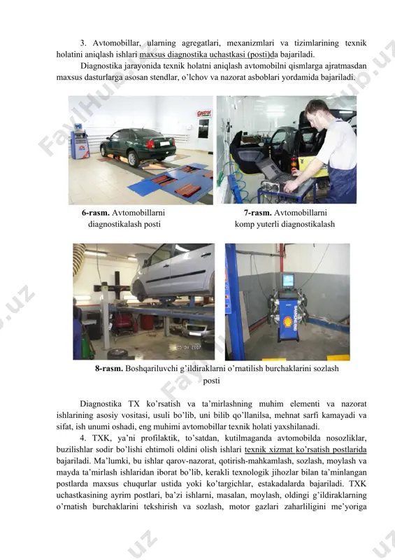 , kutilmaganda avtomobilda nosozliklar, buzilishlar sodir bo’lishi ehtimoli oldini olish ishlari texnik xizmat ko’rsatish postlarida bajariladi. ma’lumki, bu ishlar qarov-nazorat, qotirish-mahkamlash, sozlash, moylash va mayda ta’mirlash ishlaridan iborat bo’lib, kerakli texnologik jihozlar bilan ta’minlangan postlarda maxsus chuqurlar ustida yoki ko’targichlar, estakadalarda bajariladi. txk uchastkasining ayrim postlari, ba’zi ishlarni, masalan, moylash, oldingi g’ildiraklarning o’rnatish burchaklarini tekshirish va sozlash, motor gazlari zaharliligini me’yoriga keltirishga ixtisoslashgan bo’lishi mumkin. bu uchastka postlarining ixtisoslashganligi yoki jami ishlarni bajarishga mo’ljallanganligi korxonaning quvvatiga, ishlar hajmi va ularni tashkil etish usuliga bog’liqdir. 10-rasm. motor moylarini 11-rasm. tizimlarni texnik almashtirish posti suyuqliklar bilan ta’minlash posti 5. joriy ta’mirlash, ya’ni avtomobillar agregat, uzel va tizim qismlarida sodir bo’lgan buzilishlar, nosozliklarni tuzatish ishlari ta’mirlash, agregatlarni almashtirish postlarida bajariladi. ko’p hollarda bu buzilishlar va nosozliklarni oddiy sozlash yoki qotirish bilan bartaraf etib bo’lmaydi, buning uchun nosoz agregat yoki uzel avtomobildan yechib olinadi va almashtiriladi yoki maxsus ustaxonalarda ta’mirlanadi. ta’mirlash postlari ham maxsus …