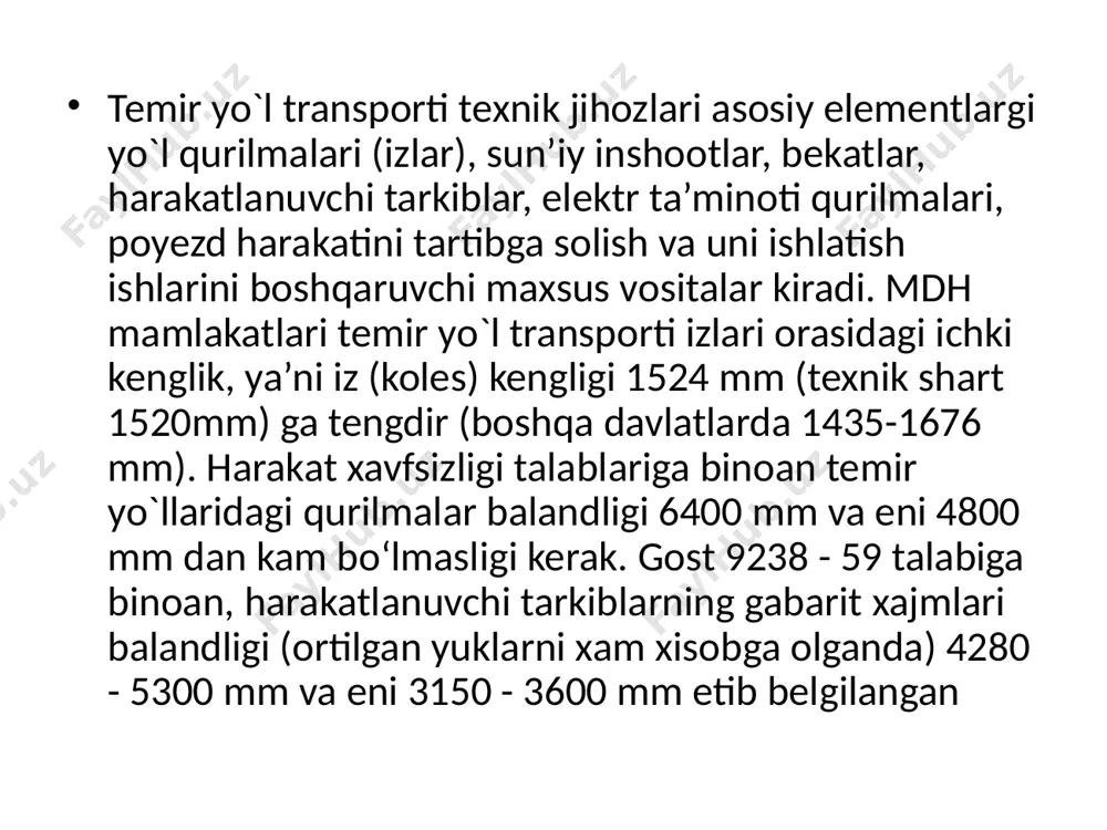 h va ishlatish ishlarini boshqarishni tashkil etishga mo`ljallangan kompleks avtomatika, telemexaniqa, elektronika va aloqa qurilamalari ham transport texnika jihozlari jumlasiga kiradi. bunday texnika jihozlari yordamida yo`ldagi blakirovka jihozlari temir yo`l va avtomobil yo`llari kesishgan joylardagi shlangbaumlar va svetoforlar tegishli signalizatsiya bo‘yicha ishlaydilar. bundan tashqari bekatdagi strelka va boshqa signalizatsiyalar markazdan turib avtomatika yordamida boshqariladi va markaziy nozimlik tizimi deb ataladi. u 100-250 kmli masofalarda poyezd harakatini markazdan boshqaradi. yuk va yo`lovchilar tashish mahalliy va to`ppa-to`g`ri tashishlarga bo`linadi. agar tashish jaryoni birgina hududiy boshqarma chegarasida bajarilsa, bunday tashish maxalliy tashish deyiladi. agar tashish jarayoni mdh chegarasidagi boshqarmalar bilan bajarilsa bunday tashish to`ppato`g`ri tashish bo`ladi. agar tashish jarayonida temir yo`l transportidan tashqari boshqa transport turlari ham qatnashsa, bunday tashishlarga to`ppa-to`g`ri aralash tashish tizimi deyiladi. masalan, temir yo`l va dengiz transportida aralash tashish tizimi kabi, xalqaro yo‘nalishlarda xam aralash tashish tizimi qo‘llanilishi mumkin. bunda ikki va undan ortiq davlat temir yo`l transporti yoki …