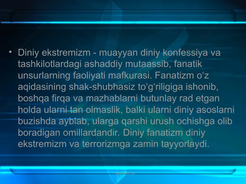 lomga nisbatan qo‘llanila boshlandi. islom fundamentalizmi zamonaviy islomdagi uch yo‘nalishdan biridir (qolgan ikkitasi - tradisionalizm va modernizm). islom fundamentalizmining asosiy g‘oyasi - «sof islom» prinsiplariga qaytish, maqsadi «islomiy taraqqiyot» yo‘lini joriy etishdir. www.arxiv.uz www.arxiv.uz www.arxiv.uz www.arxiv.uz xx asrning 80-90-yillarida butun dunyoda diniy omilning faollashuvi sobiq sovetlardan keyingi hududda ham o‘z aksini topdi. bu davr jamiyat taraqqiyotida, bir jihatdan, diniy e’tiqodning ijtimoiy-madaniy hayotdagi tabiiy mavqei tiklanayotgan, ikkinchi tomondan, mazkur asosda ayrim mafkuraviy ziddiyatlar tug‘ilishi vaqti bo‘ldi. www.arxiv.uz www.arxiv.uz asosiy qonunimizda yana shu narsa qat’iy qilib belgilab qo‘yilganki, konstitusiyaviy tuzumni zo‘rlik bilan o‘zgartirishni maqsad qilib qo‘yuvchi, respublikaning suvereniteti, yaxlitligi va xavfsizligiga, fuqarolarning konstitusiyaviy huquq va erkinliklariga qarshi chiquvchi, urushni, ijtimoiy, milliy, irqiy va diniy adovatni targ‘ib qiluvchi, xalqning sog‘lig‘i va ma’naviyatiga tajovuz qiluvchi, shuningdek harbiylashtirilgan birlashmalarning, milliy va diniy ruhdagi siyosiy partiyalarning hamda jamoat birlashmalarining tuzilishi va faoliyati taqiqlanadi (57-modda). www.arxiv.uz www.arxiv.uz o‘rta osiyodagi respublikalar o‘z mustaqilligiga erishishi va uning mustahkamlanishi davrida …