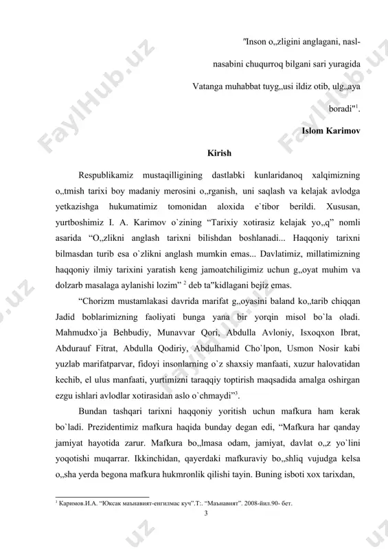 timiz asosini tashkil etadigan, bizni boshqalardan ajratib turadigan shunday bir xususiyatki, uni sezmaslik, anglamaslik, ko„rmaslik umuman mumkin emas. mavzuning dolzarbligi. o„zbekistonda mustaqillikning e'lon qilinishi, xalqni sovet mustamlakachiligidan ozod qilib, respublikada adolatli, demokratik, insonparvar jamiyat qurishga, bozor iqtisodiyotiga o„tishga yo„l ochib berdi. mustaqillik tufayli yurtimiz tarixi, ma'naviy qadriyatlarimiz, qadimiy madaniyatimiz tiklana boshlandi. o„zbekiston respublikasi prezidenti i.karimov mustaqillik sharoitida qadimiy madaniyatimizning tiklanishi sabablarini ko„rsatib shunday degan edi: " jamiyat taraqqiyotining asosi, uni maqarrar xalokatdan qutqarib qoladigan yagona kuch ma'rifatdir. asrimiz boshida turkistonda kechgan voqealarni bir eslang. nega bu o„lkada o`sha yillari ma'rifatchilik harakati har qachongidan ham kuchayib ketdi. negaki, podsho rossiyasi asoratiga tushib qolib, butkul tanazzulga yuz tutgan o`lkani yo„qotishga, xalqning ko„zini ochishga faqat ma'rifat orqaligina erishish mumkin edi. ma'rifatparvarlik biz uchun bugun ham o„z ahamiyatini yo„qotgani yo„q, yo„qotmaydi ham. aql-zakovatli, yuksak ma'naviyatli kishilarni 4 каримов.и.а.” биз ўз келажагимизни ўз қўлимиз билан қурмамиз”.t:. “ўзбекистон”. 1999-й.146-бет. tarbiyalay olsakkina, oldimizga qo„ygan maqsadlarga erisha olamiz, …