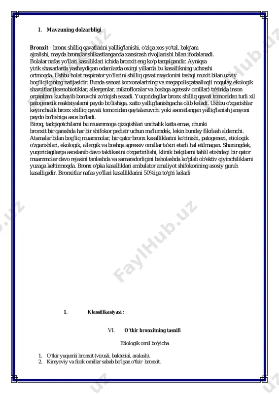 a qaraganda ikki baravar yuqori. 5 yoshdan 14 yoshgacha bo'lgan bolalarda bu ikki davrda o'tkir bronxitning ko'payish tezligi o'xshashdir 2.2 etiologiya. o'tkir bronxit ko'pincha virusli infektsiya kasalligining ko'rinishidir. kam hollarda u bakterial infektsiya asorati hisoblanadi. turli yoshdagi bolalarda bronxitni uchrashi infektsiyaning turiga bog'liq. aksariyat, mikopazmali bronxit erta yoshdagi bolalarda kattarok yoshdagi bolalarga nisbatan kam kuzatiladi. respirator sintsitial infektsiya bolalar xayotini birinchi oyligida pastki nafas yo'llarini zararlab, ko'pincha bronxiolit yoki obstruktiv bronxitni yuzaga keltiradi. https://ru.wikipedia.org/wiki/%d0%9e%d1%81%d1%82%d1%80%d1%8b%d0%b9_%d0%b1%d1%80%d0%be%d0%bd%d1%85%d0%b8%d1%82#cite_note-wen2006-16 https://ru.wikipedia.org/wiki/%d0%9e%d1%81%d1%82%d1%80%d1%8b%d0%b9_%d0%b1%d1%80%d0%be%d0%bd%d1%85%d0%b8%d1%82#cite_note-flem2007-26 rs infektsiya bolalarda bronxit va bronxiolitlarni noyabrdan aprelgacha chaqiradi. keyinchalik rs virus odamlar populyatsiyasidan chiqib ketadi. bronxitni boshqa chaqiruvchilaridan bir qator rinovirus, adenovirus, enterovirus va mikoplazma viruslarini xam ko'rsatib o'tish kerak. viruslardan keyin, ikkinchi o'rinda, bakteriyalar xam bronxlarni yallig'lanishiga olib kelishi mumkin. bronxitni bakterial omillardan ko'pincha streptokokk (32%- 40%), keyin gemofil tayoqcha (17%), kataral maroksella va stafilokokk chaqiradi. bakterial bronxitlar bronx o'tkazuvchanligi buzilgan bolalarda, masalan, bronxlarda yod moddalar kuzatilganda, stenozli laringitlarda, intubatsiya va traxeostomiya qilingan …