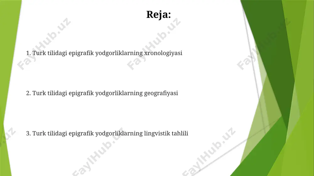 asashning yuqori darajasidan dalolat beradi. masalan, bir soʻzga 3-4 ta qoʻshimcha qoʻshilishi mumkin. turk tilidagi epigrafik yodgorliklarning xronologiyasi turk tilidagi eng qadimgi epigrafik yodgorliklar milodiy vii asrga, orxon-enesay yozuvlari esa milodiy viii asrga mansub boʻlib, ularning xronologiyasi tilning rivojlanishini kuzatishda muhim ahamiyatga ega. buxoro, samarqand kabi shaharlarda topilgan xiv-xv asrlarga oid turkiy epigrafik manbalar, o'rta asr turkiy tillarining dialektal xususiyatlari va yozuv an'analarini o'rganishda muhim ma'lumotlar beradi. orxon-enesay yozuvlari bilan birga, milodiy ix-x asrlarga oid turkiy yozuvli tosh va metall buyumlar ham mavjud boʻlib, ularning grafikasi va til xususiyatlari xronologik tahlilni murakkablashtiradi. tarixiy-madaniy ahamiyati ushbu yodgorliklar orqali milodiy viii-xv asrlar oralig'ida yashagan turkiy xalqlarning madaniy, ijtimoiy va siyosiy hayoti, dinlari, an'analari va urf-odatlari haqida 200 dan ortiq qimmatli ma'lumotlarni olish mumkin. turk tilidagi epigrafik yodgorliklar qadimgi turkiy yozuv tizimlari, xususan, runik va uyg'ur yozuvlari haqida qimmatli ma'lumotlar beradi, ularning soni 500 dan ortiq bo'lib, til tarixini o'rganishda muhim ahamiyatga ega. …