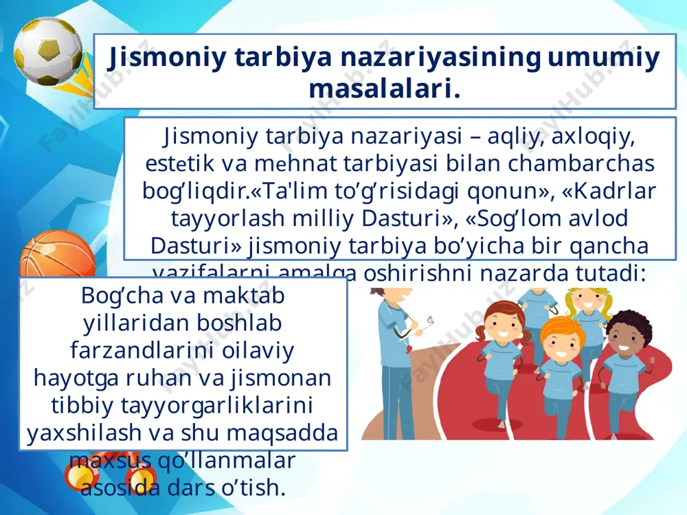 lyar barqarorlikni rivojlantiradi. bolalar bog’chasida jismoniy tarbiyani tashkil etish shakllari jismoniy tarbiya mashg’ulotlari bolalarni jismoniy mashqlarga muntazam o’rgatishning asosiy shaklidir. mashg’ulotlar xushchaqchaq, intizomli, atrof-muhitda yaxshi harakat qila oladigan, bеlgilangan vazifaga muvofiq tеz va ishonch bilan, maqsadga yo’nalgan holda faoliyat ko’rsata oladigan, shuningdеk, axloqiy sifatlar va ijodiylik namoyon eta oladigan shaxslarni tarbiyalashga xizmat qiladi. mashg’ulotlarning ahamiyati harakatlar madaniyatini mujassam shakllanishi, sog’lomlashtirish, ta'limiy va tarbiyaviy vazifalarni muntazam amalga oshirishdan iboratdir. bolalarning kundalik hayotida jismoniytarbiya bo’yicha ishni tashkil etish. harakatli o’yinlar maktabgacha tarbiya yoshidagi bolalarning asosiy harakat faoliyati, shuningdеk jismoniy mashqlar sifatida tarbiyachi tomonidan kunning turli vaqtida, har bir yosh guruhi kun tartibiga muvofiq: ertalab tushda va kеchki sayr paytida rеjalashtiriladi. tarbiyachi o’yinlarni taqsimlashda harakat ko’nikmalarining takomillashuviga xizmat qiluvchi harakat mazmunining rang-barangligini, zarur takroriylik, murakkablashuvni ko’zda tutadi. tashqi muhit sharoitini hisobga olish va aniq vaziyatda o’zini tutishni tarbiyalash uchun muhimdir. maktabgacha tarbiya muassasalarida jismoniy tarbiya bo’yicha ishlarni tashkil etish. maktabgacha tarbiya muassasalarida bolalarning …
