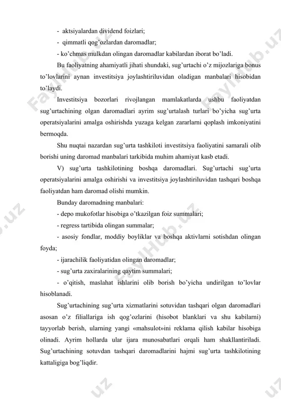 alga oshirilgan sug’urta qoplamasi undirilgan mukofotlari summasiga nisbatan past foizlarni tashkil etadi. shunga asoslanib, tariflarni oshirish emas, balki uning tarkibini o’zgartirish mantiqan to’g’ri bo’ladi. qayta sug’urtalash shartnomasini tuzishda qayta sug’urtalovchi (xalqaro terminda «tsedent») qayta sug’urtalash mukofotining ma’lum qismini yoki hammasini deponentga o’tkazishi nazarda tutilishi mumkin. u shartnoma davri tugashi hamda sug’urta hodisasi yuz bermagan taqdirda mazkur mukofotlar hisobidan olingan depo foizlari bilan birgalikda qayta sug’urtalovchi hisobiga o’tkaziladi. uning hajmi (foizda) shartnomada qayd etilgan bo’ladi. shunday kafolat berilishi qayta sug’urtalash mukofotlarini moliyaviy zaxira sifatida ishlatish imkoniyatini oshiradi. fuqarolik qonunchiligiga binoan sug’urta tashkiloti o’z mijozi manfaatlarini himoya qiluvchi vakil sifatida sug’urta hodisasiga sababchi bo’lgan aybdor shaxsga regress da’vo qilish huquqiga ham egadir. odatda regress tartibidagi summa sug’urtachi o’z kafilligini bajarib bo’lganidan keyin undiriladi. bunday faoliyat natijasida undirilgan summa sug’urta tashkilotining sug’urta ta’minoti to’lovlari bo’yicha xarajatlarini qoplash uchun manba hisoblanadi. sug’urta tashkiloti xo’jalik yurituvchi sub’ekt sifatida o’z faoliyatida foydalanilayotgan asosiy fondlarini sotish huquqiga …